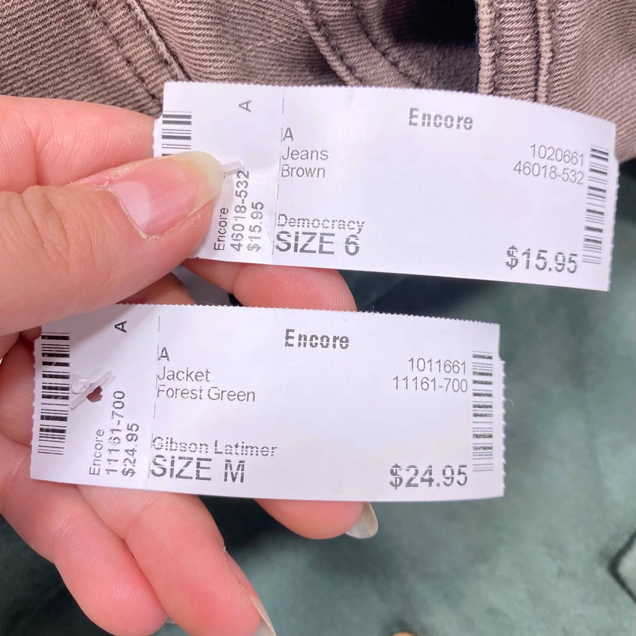 Gibson Latimer Jacket Size M, $24.95
Democracy Jeans Size 6, $15.95