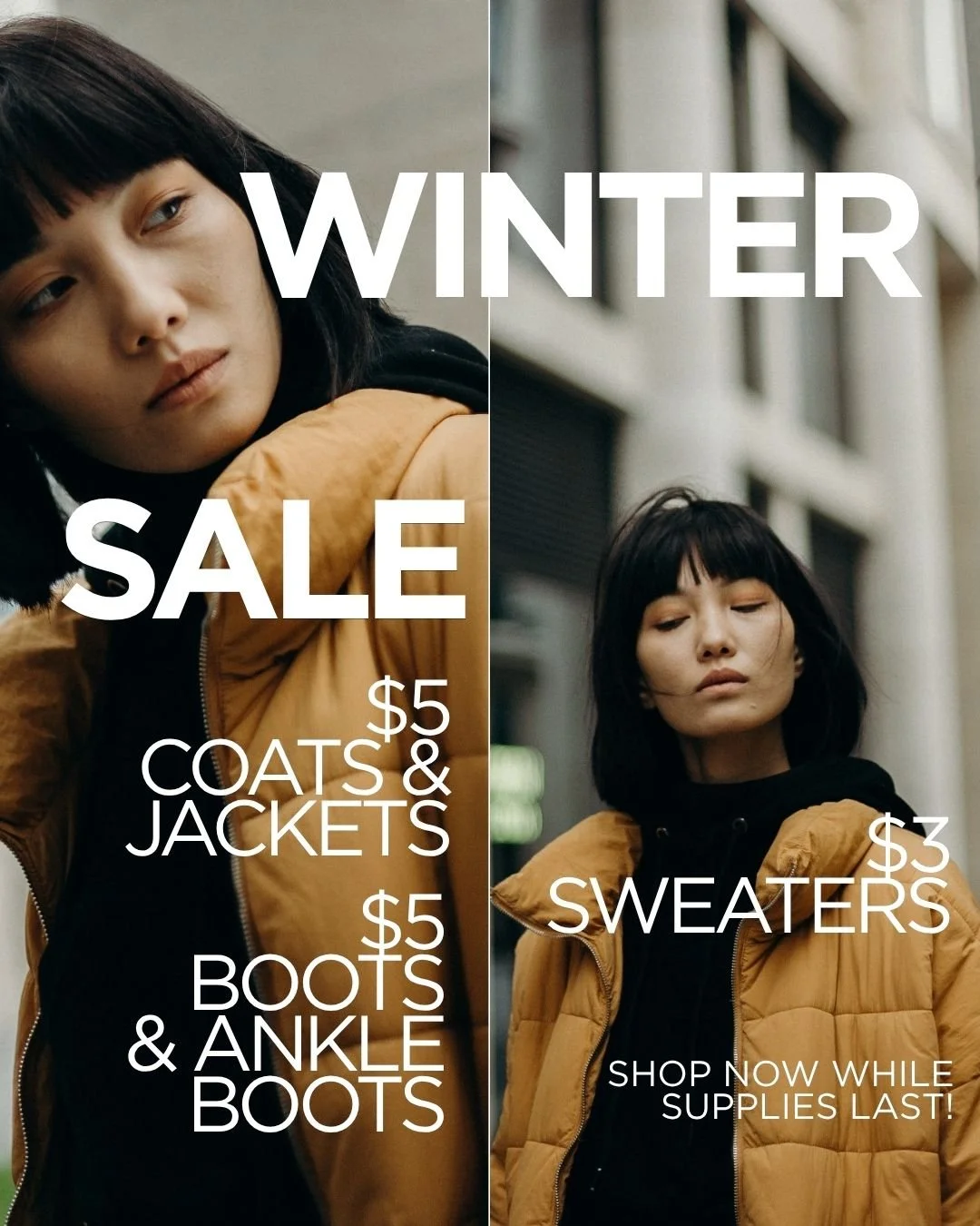 Shop this AWESOME Winter Sale while supplies last!

$5 Coats &amp; Jackets
$5 Boots &amp; Ankle Boots
$3 Sweaters

All excluding Furs &amp; Designer Items!