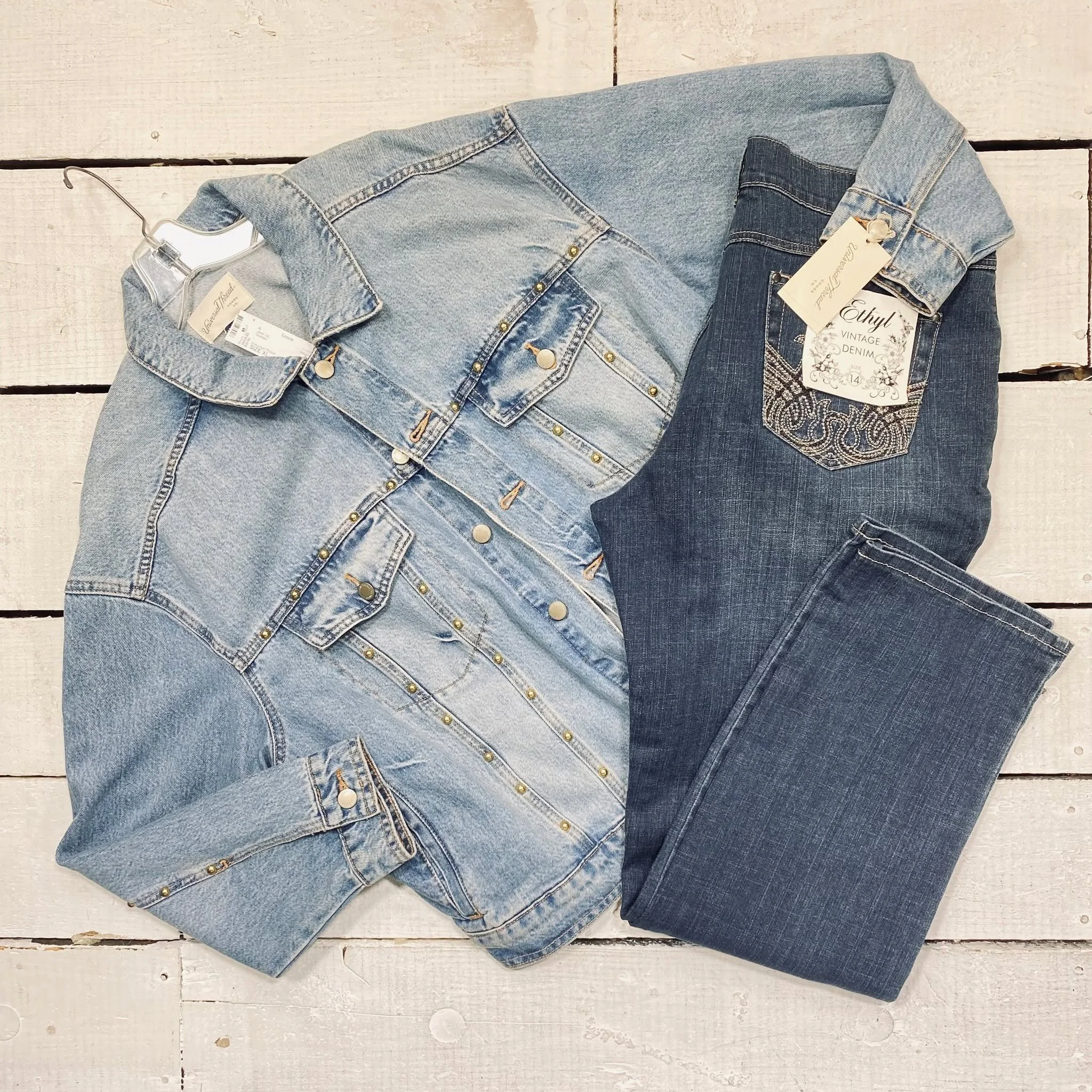 Universal Thread Jean Jacket Size XL, $20.95
Ethyl Jeans Size 14, $15.95