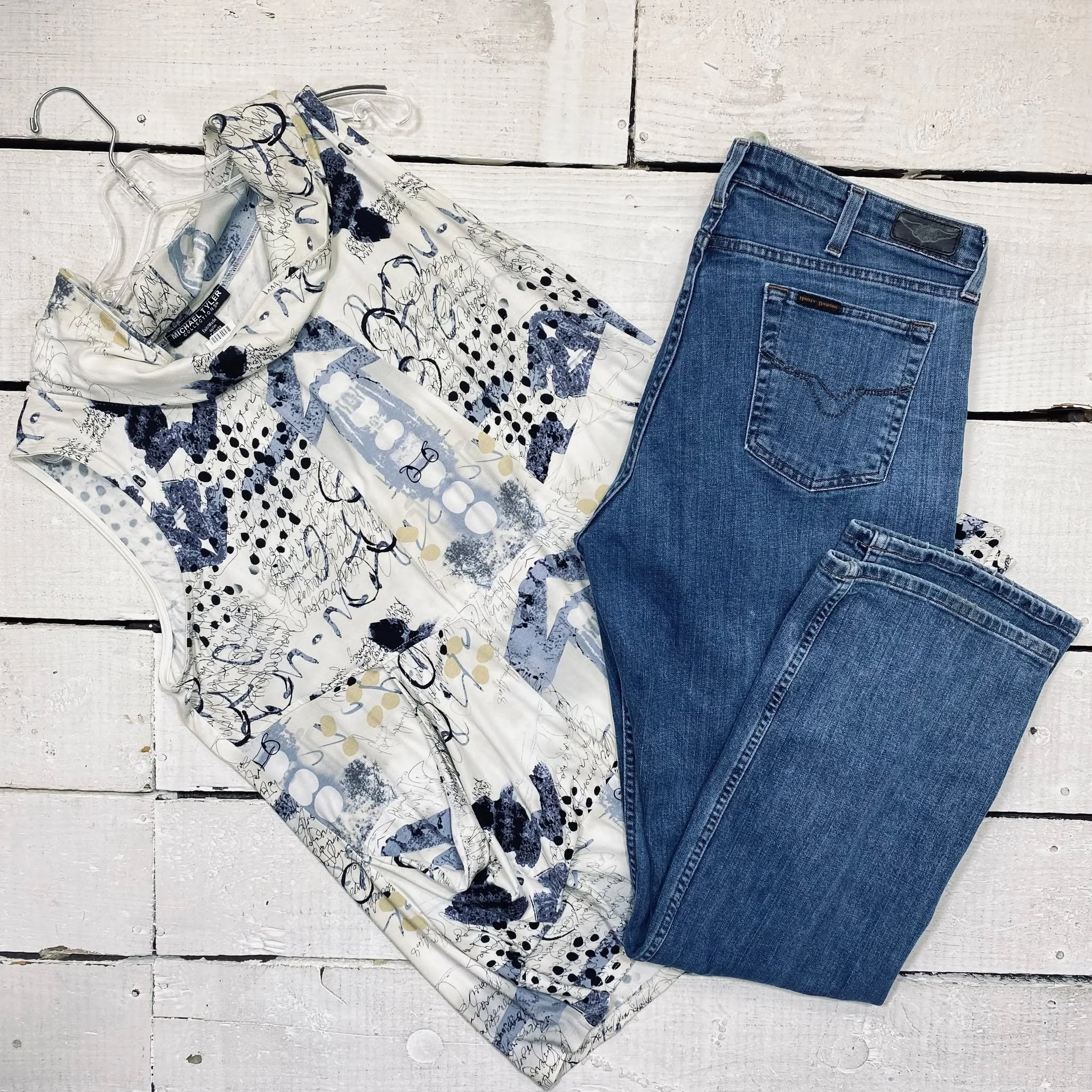 Michael Tyler Shell Size XL, $15.95
Harley Davidson Jeans Size 16, $30.95