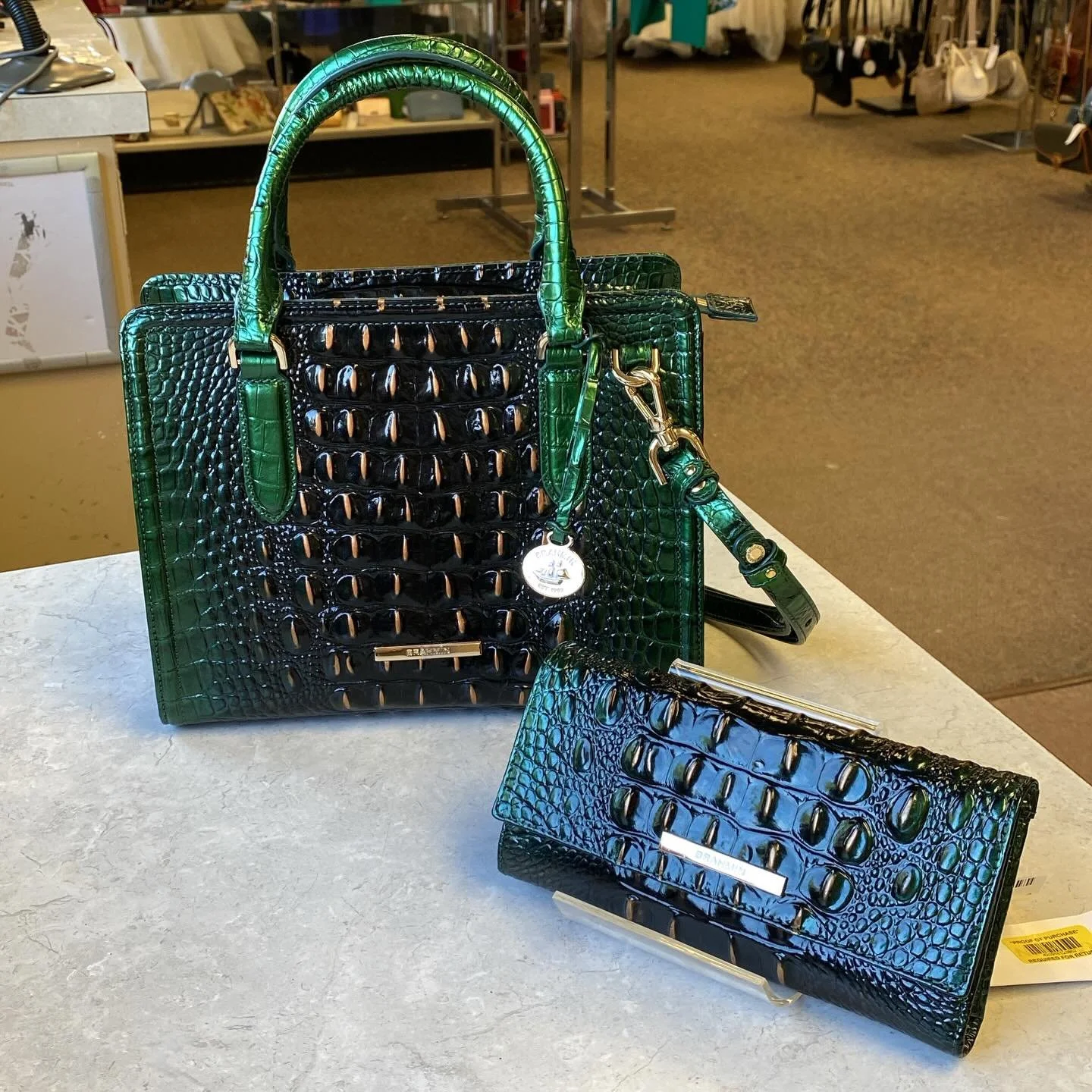 Emerald Green Beauty 💚 Brahmin and a wallet set, $249.99 for the purse and $65.95 for the wallet!
