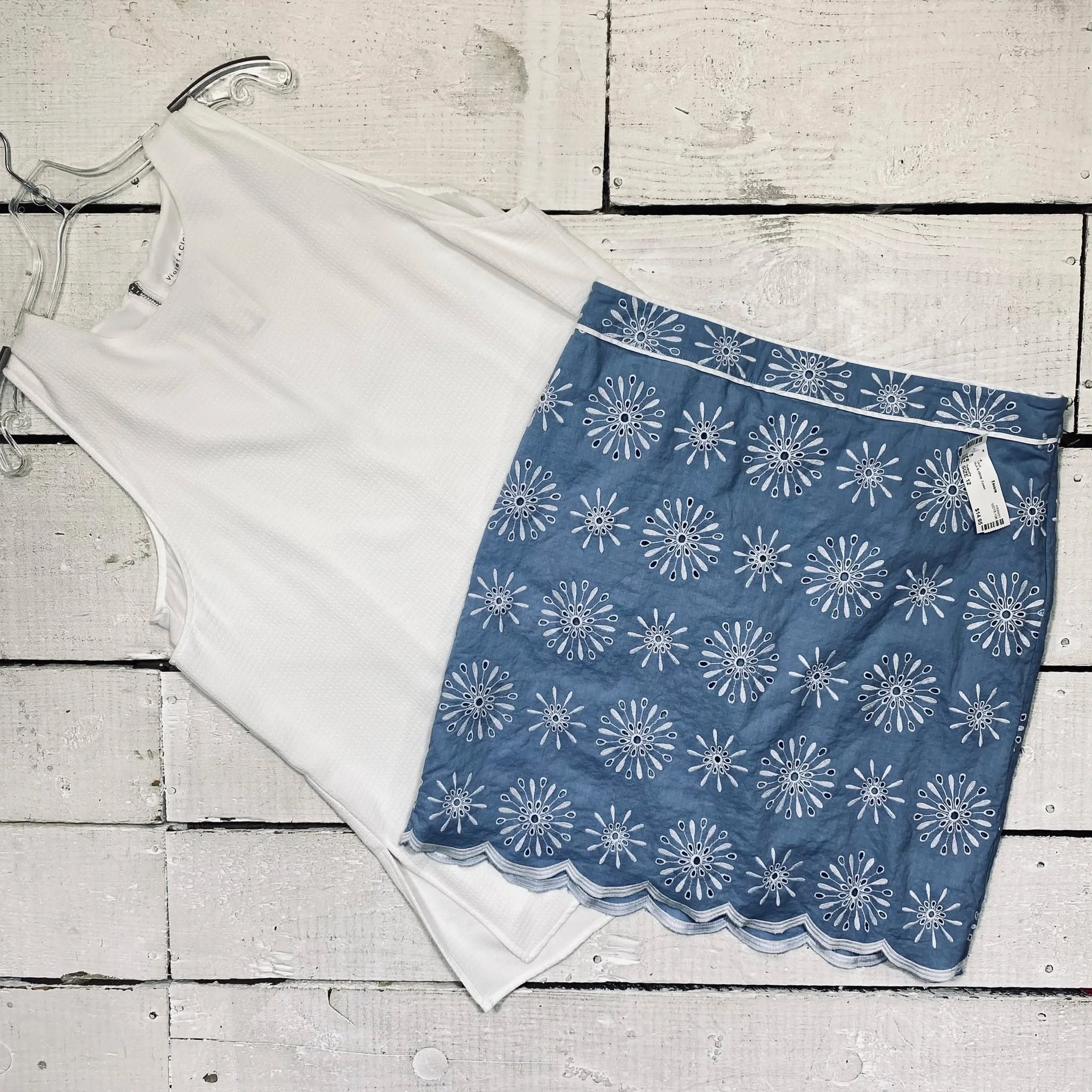 Violet &amp; Claire Shell Size L, $12.95
Talbots Skirt Size 12, $14.95