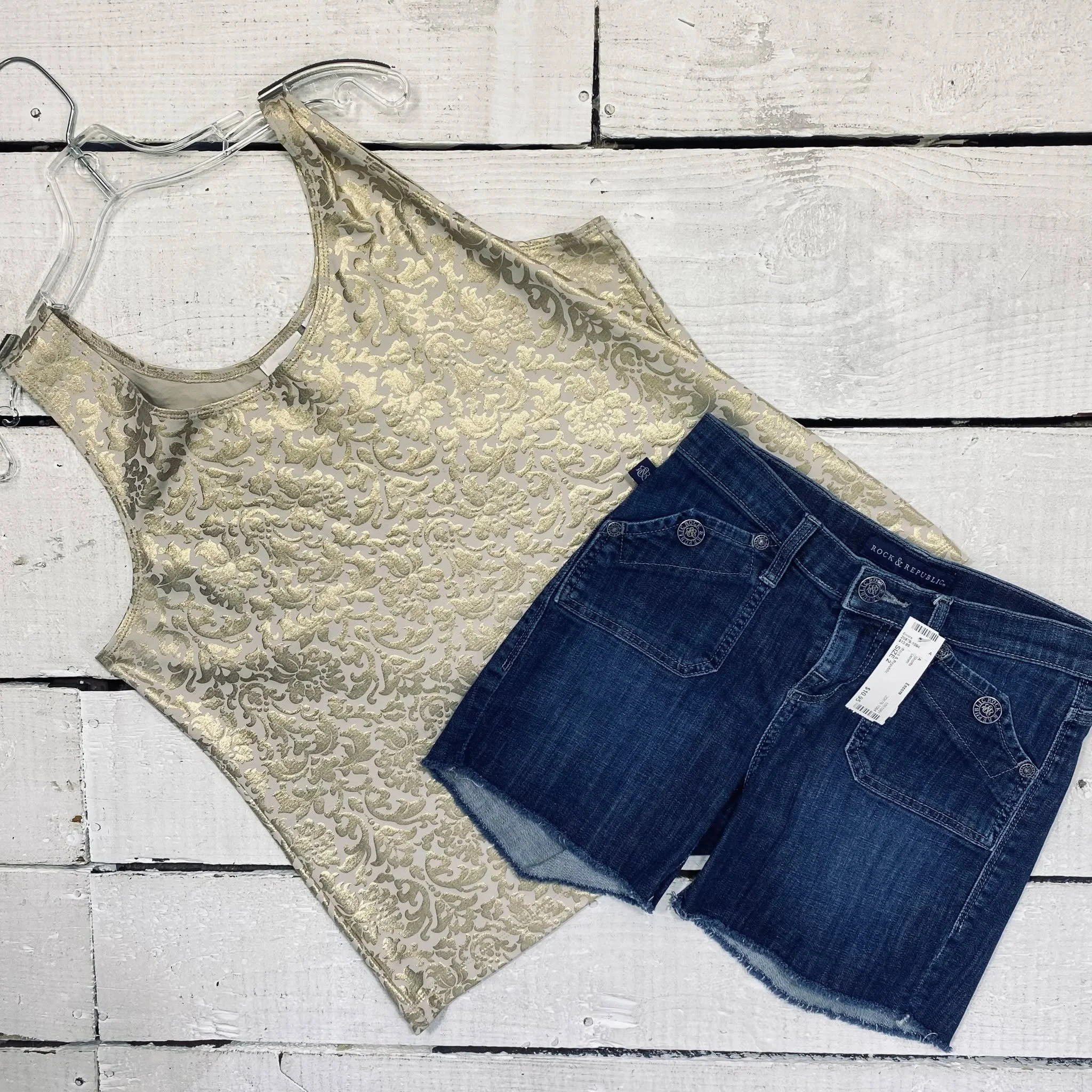 Chicos Shell Size L, $10.95
Rock &amp; Republic Shorts Size 2, $10.95