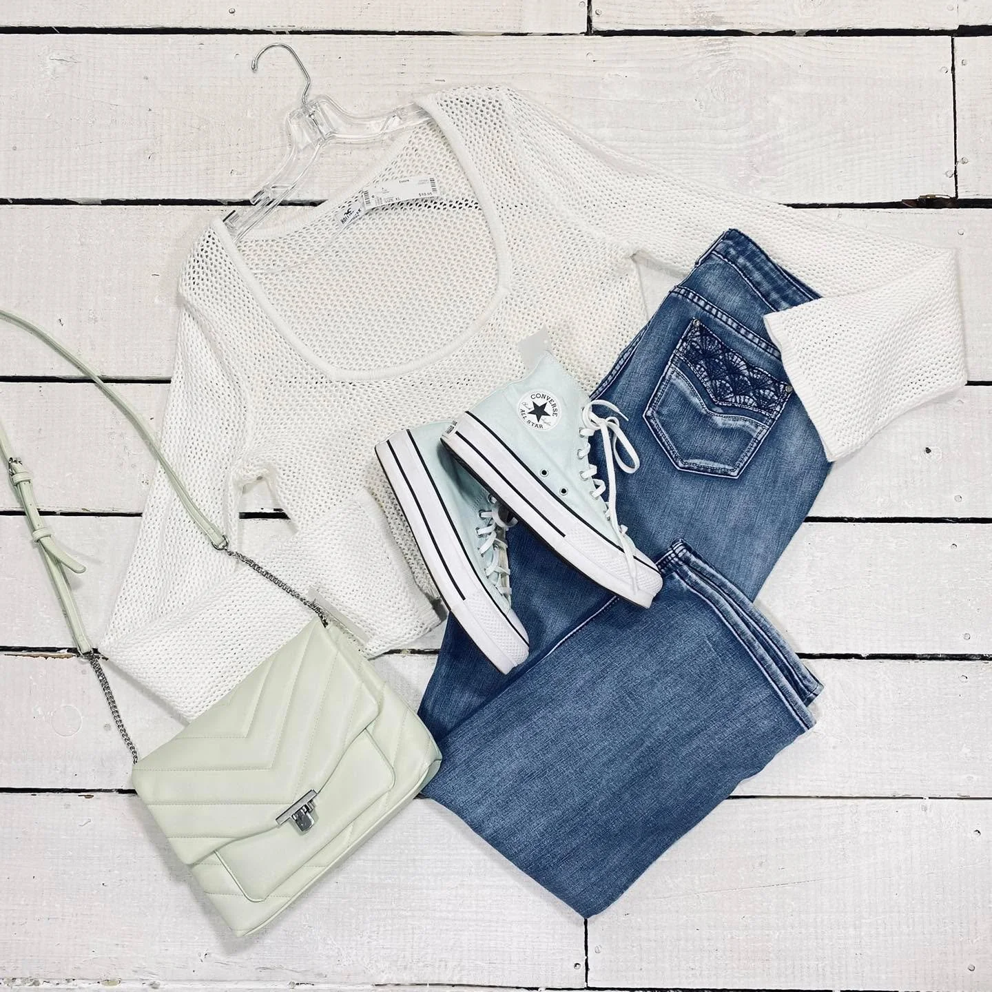Hollister Top Size XL, $10.95
Christopher &amp; Banks Jeans Size 12, $14.95
Converse Tennis Size 8.5, $32.99
A New Day Crossbody, $10.95