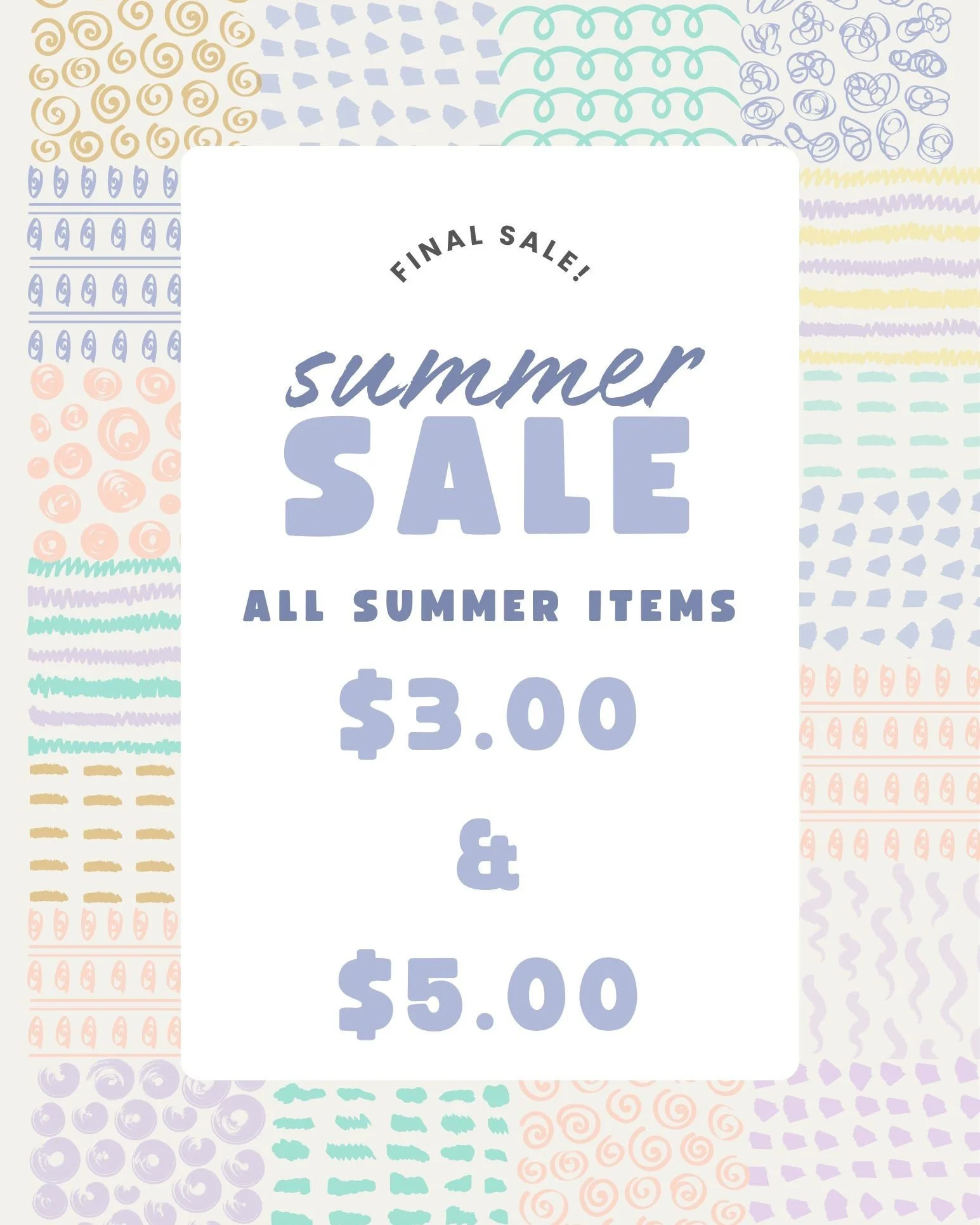 ALL Summer items are now on FINAL SALE!

All items are marked and include:

-$3 Swimsuits &amp; Coverups
-$5 Shorts &amp; Capris
-$3 Shells &amp; Summer Top
-$3 Sandals &amp; $5 Summer Hats
-$5 Summer Dresses &amp; more!

Come shop til you drop with 