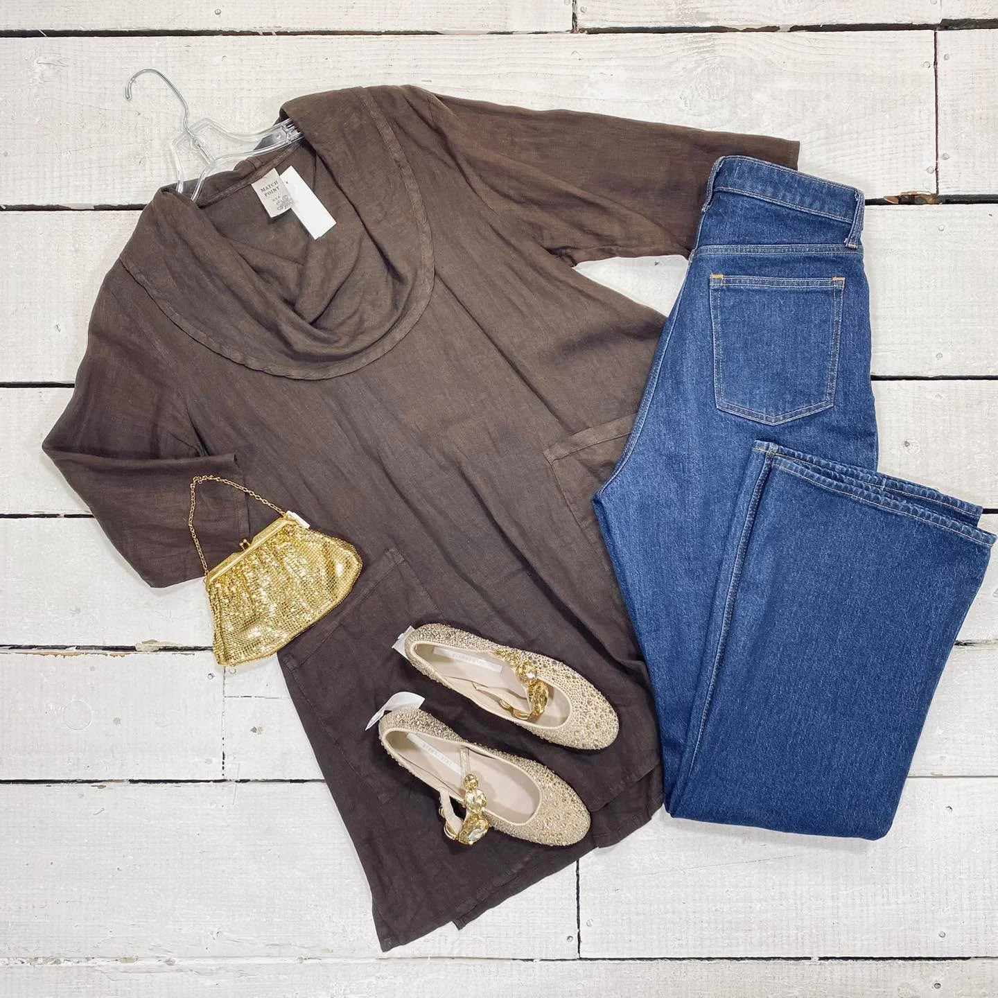 Tunic Size L/XL, $14.99
Abercrombie &amp; Fitch Jeans Size 8, $14.95
Evening Bag, $13.99
Gianni Bini Flats Size 6.5, $32.99