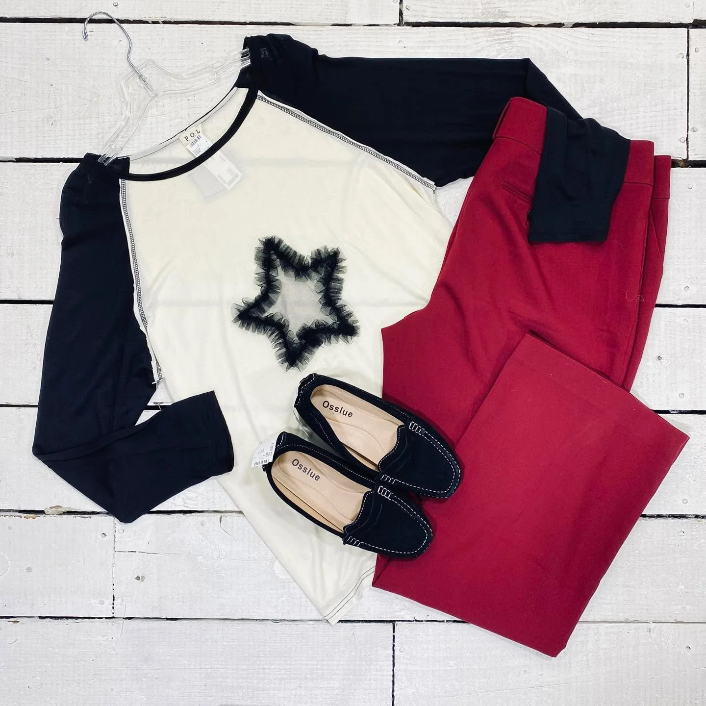 POL Top Size XL, $18.99
Loft Pants Size 16, $13.99
Flats Size 8, $15.99