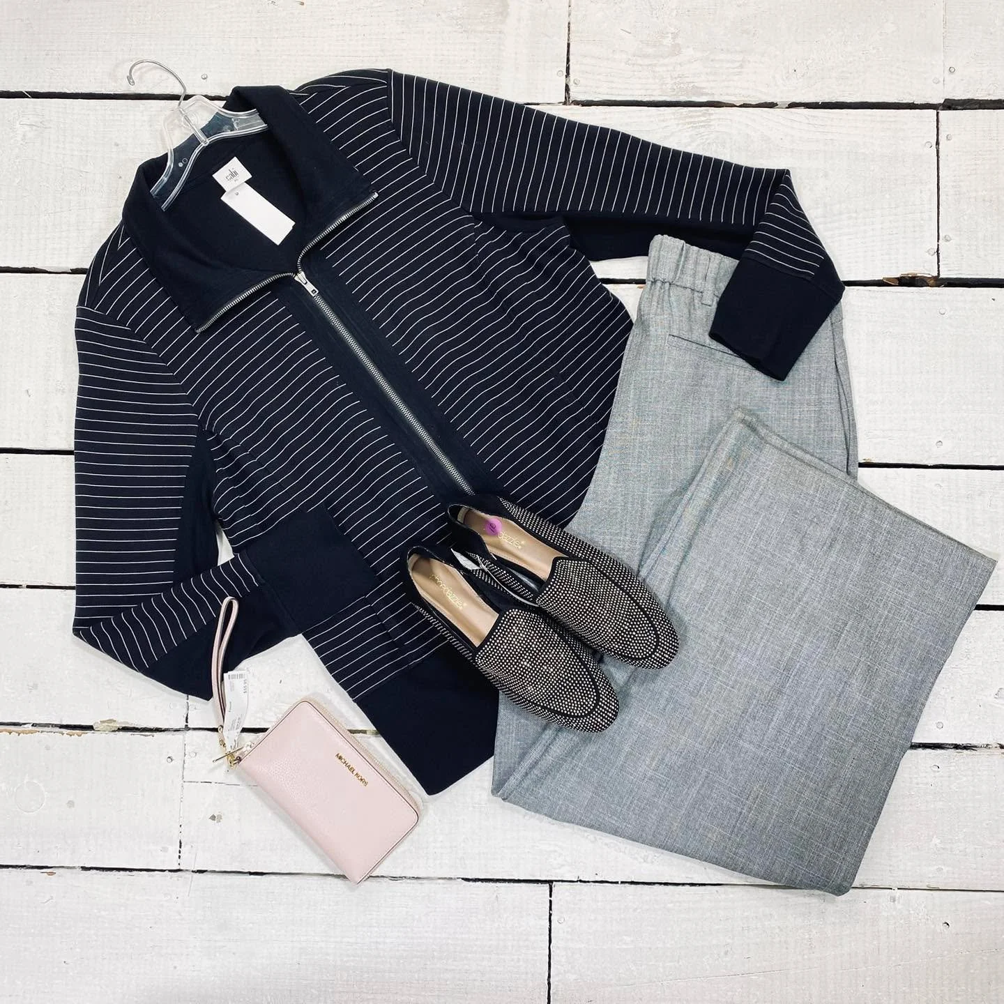Cabi Cardigan Size XL, $28.99
Old Navy Pants Size 14, $14.99
Shoedazzle Flats Size 10, $12.95
Michael Kors Wristlet, $55.95