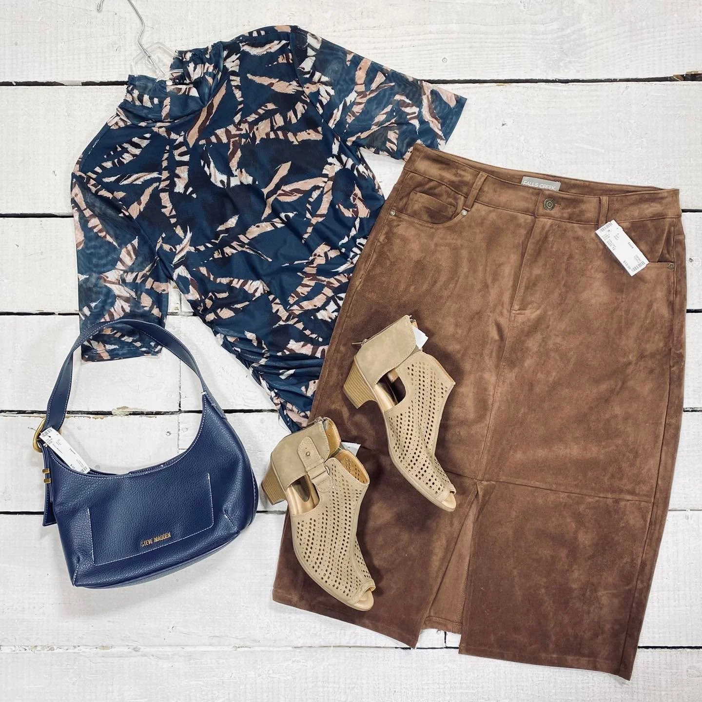 Cable &amp; Gauge Top Size M, $12.99
Falls Creek Skirt Size 12, $15.99
Earth Flats Size 9, $16.99
Steve Madden Purse, $35.99