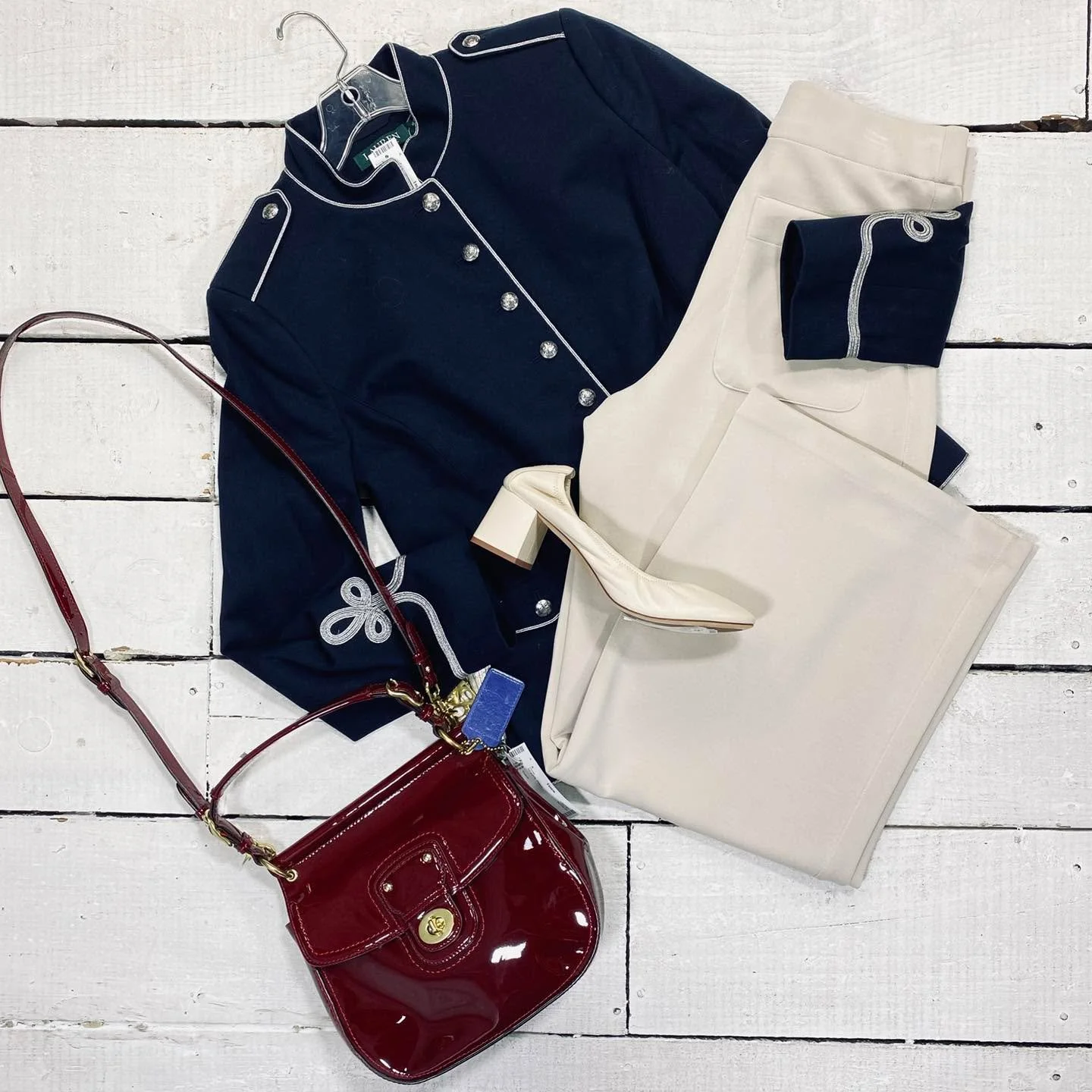 Ralph Lauren Jacket Size M, $75.99
Christian Siriano Pants Size 8, $13.99
Coach Purse, $124.99
Tory Burch Pumps Size 10, $112.95