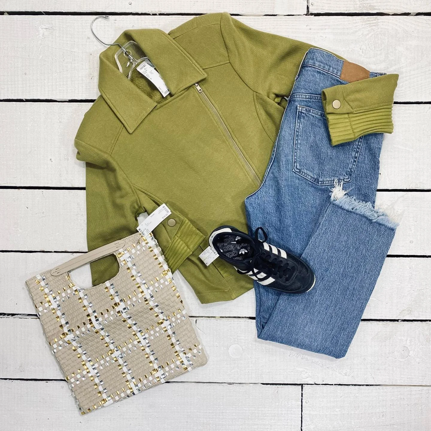 Cabi Jacket Size M, $45.99
Madewell Jeans Size 6, $25.95
Adidas Tennis Size 6, $40.99
Purse, $14.99