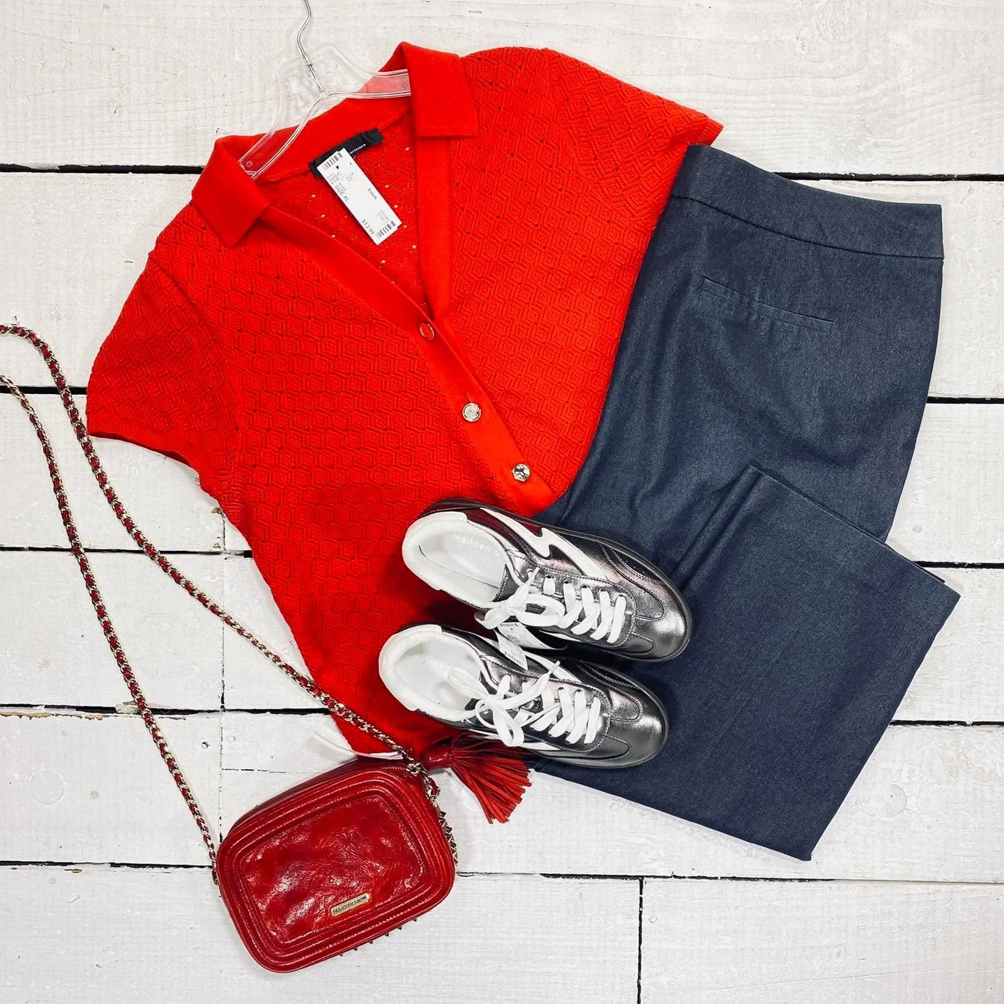WHBM Top Size XL, $13.99
Chicos Pants Size 16, $14.95
Madden Girl Tennis Size 7.5, $19.99
Rebecca Minkoff Crossbody, $40.99