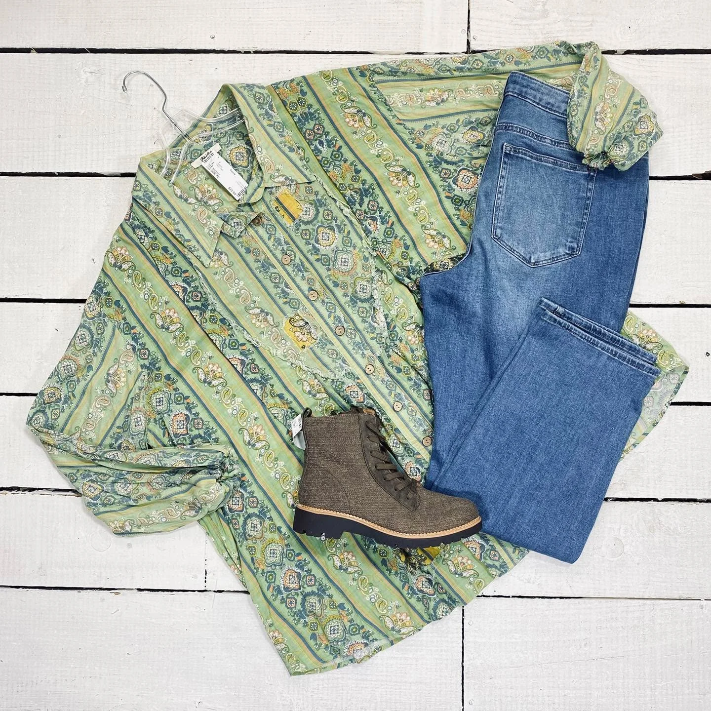 Blue Velvet Blouse Size XL, $22.99
Jeans Size 16, $10.95
Sofft Ankle Boots Size 9, $40.99