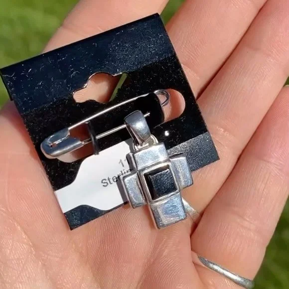 Beautiful sterling silver cross pendant with black stone! Only $20.99! 🖤