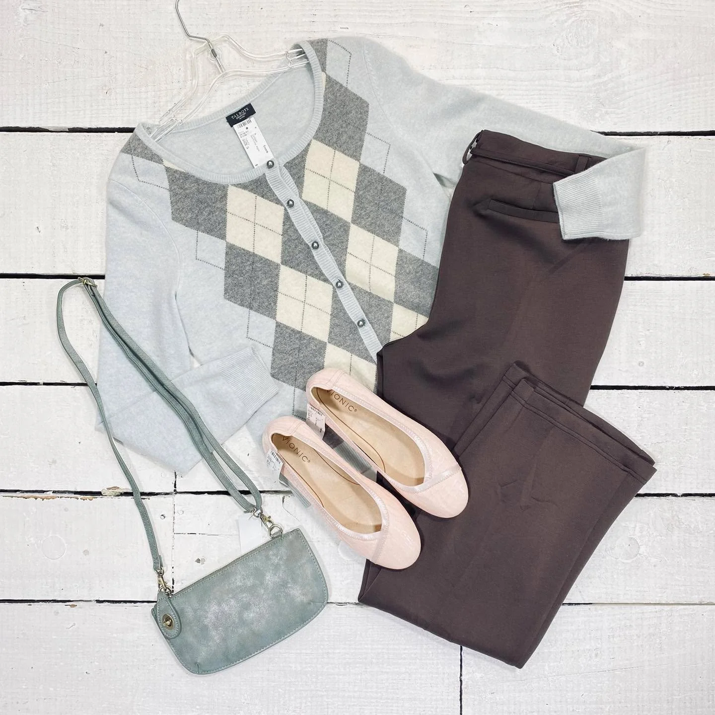 Talbots Cardigan Size S, $15.99
SOHO Pants Size 14, $18.95
Vionic Flats Size 8.5, $30.99
Joy Susan Crossbody, $13.99