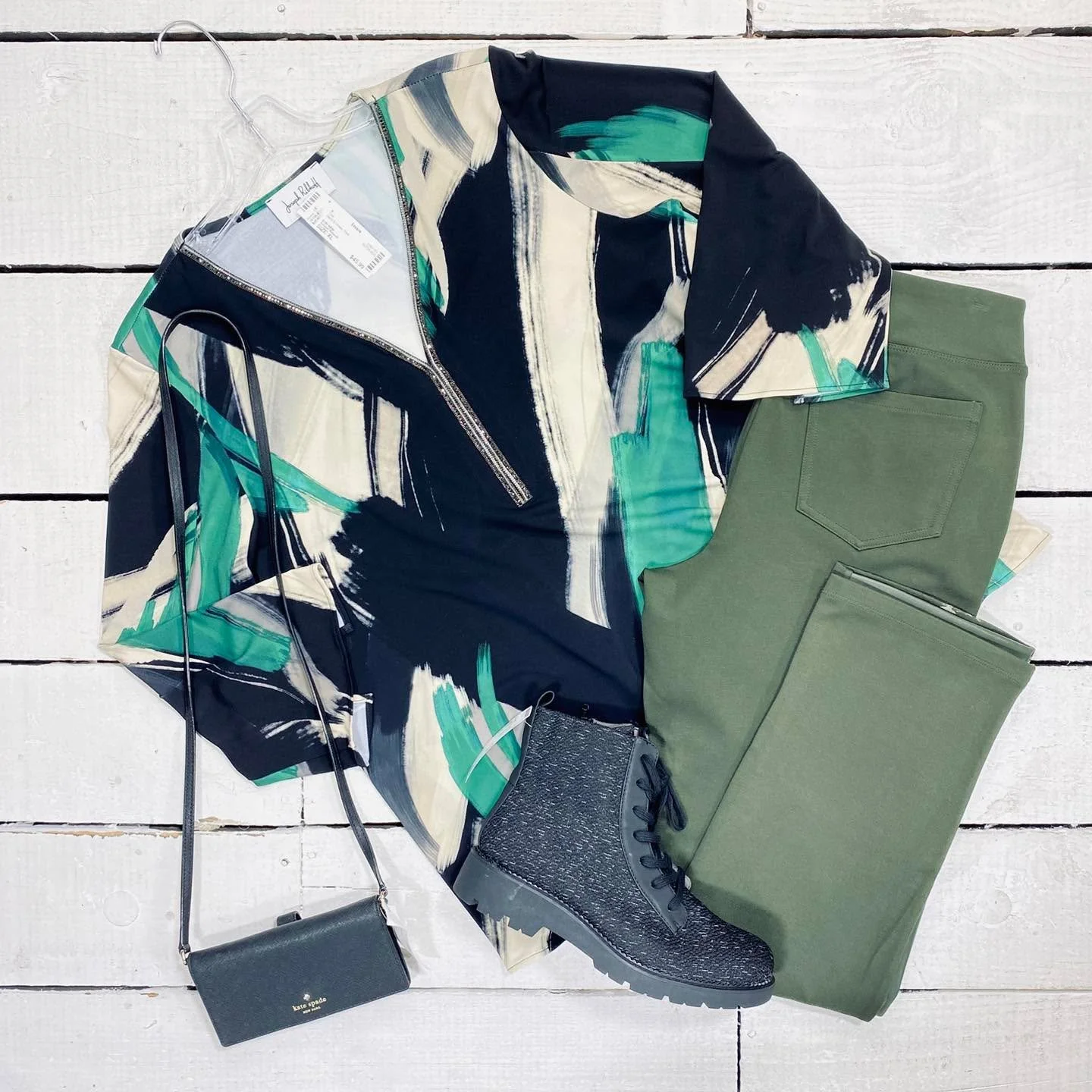 Joseph Ribkoff Top Size XL, $45.99
Kim Gravel Pants Size 10, $14.99
Sofft Ankle Boot Size 9.5, $40.99
Kate Spade Crossbody, $35.95