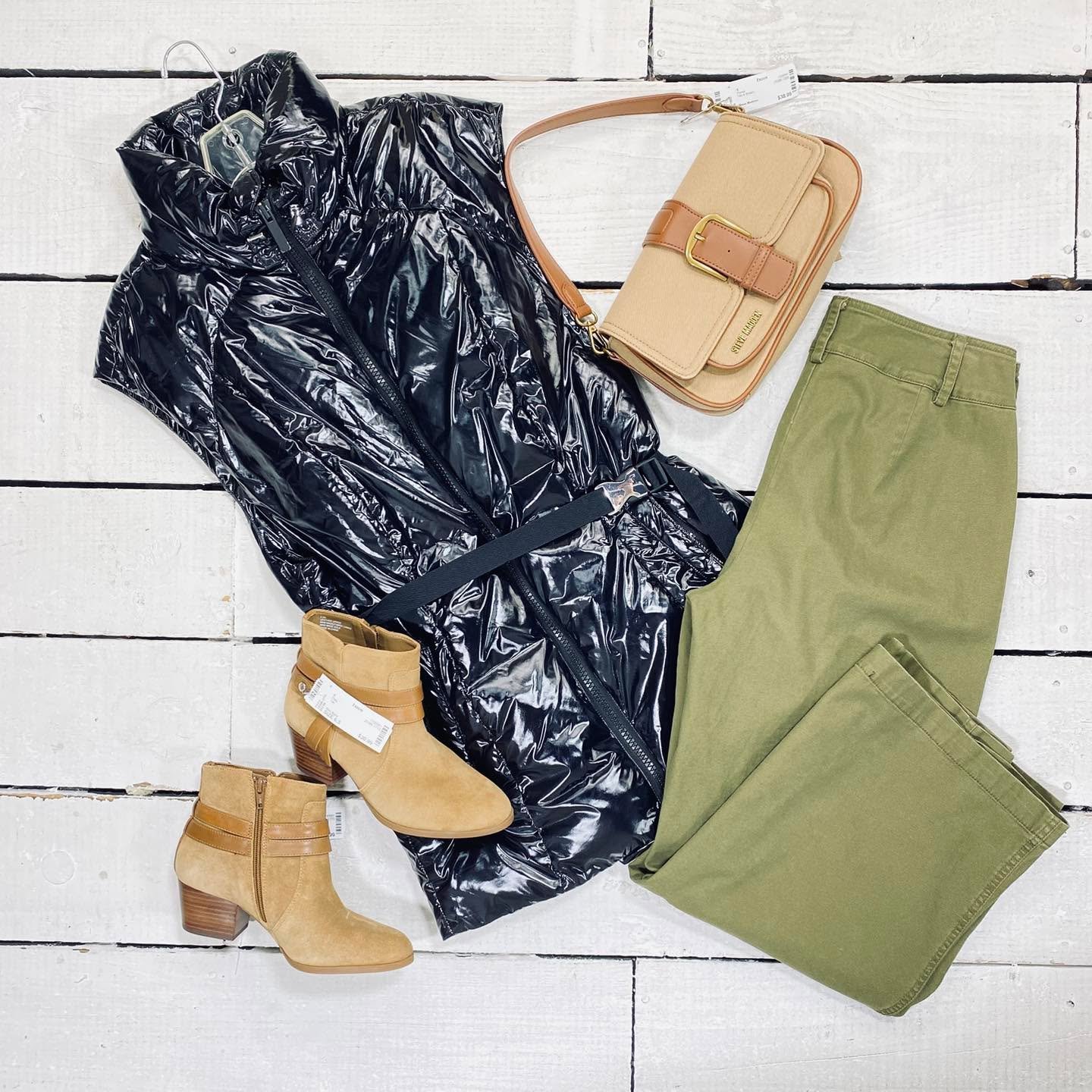 alo Winter Vest Size M, $85.99
Habitat Pants Size 8, $18.99
Steve Madden Purse, $38.99
Alex Marie Flats Size 6.5, $30.99