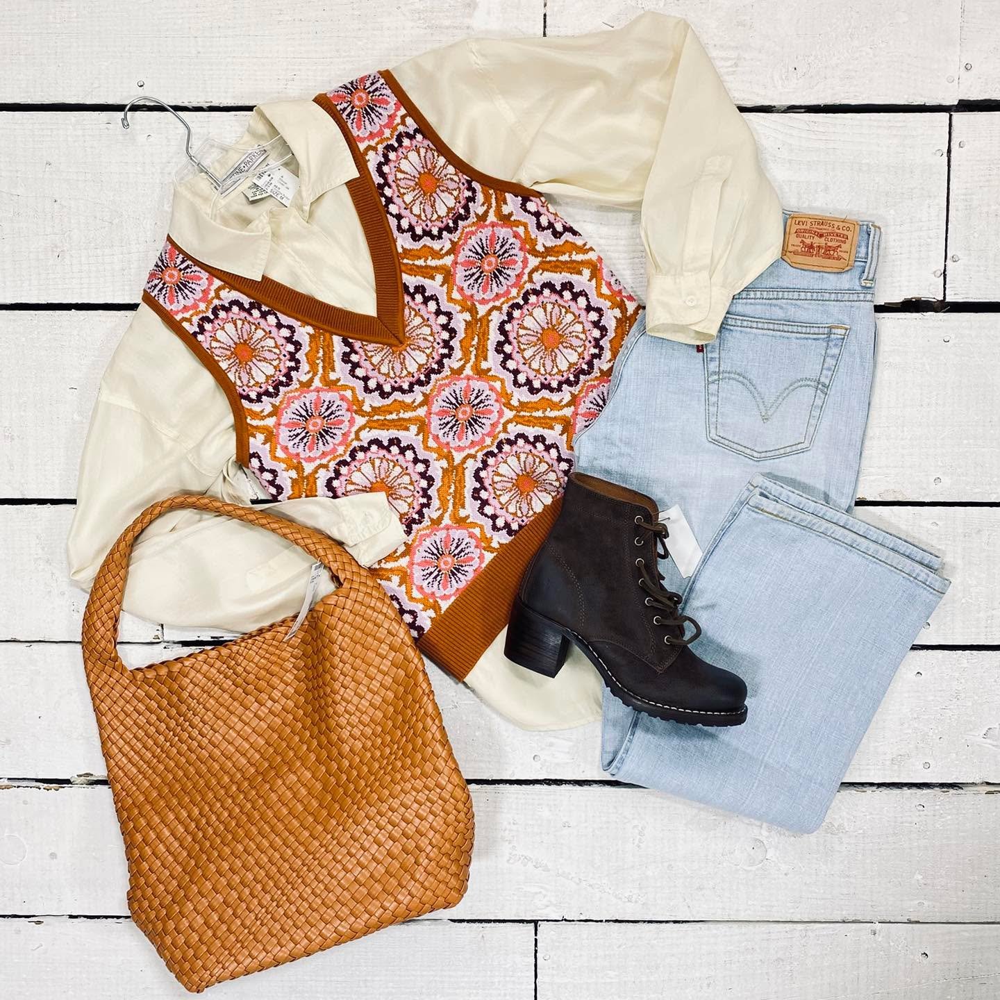 Philosophy Top Size S, $12.99
Christine Parker Silk Blouse Size M, $15.99
Levi&rsquo;s Jeans Size 6S, $15.99
Frye Ankle Boot Size 7, $125.99
Purse, $20.99