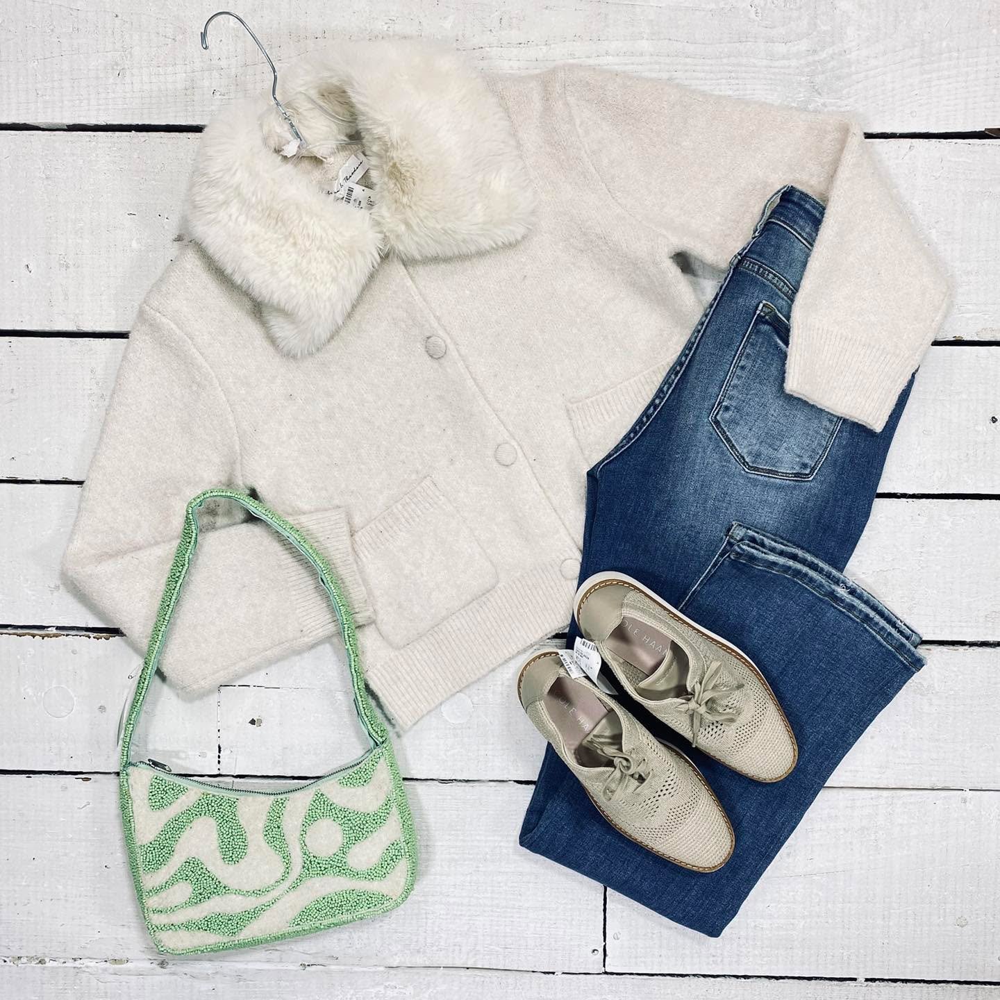 Chelsea &amp; Theodore Cardigan Size L, $22.99
Judy Blue Jeans Size 6/8, $25.99
Purse, $14.99
Cole Haan Flats Size 7, $18.99