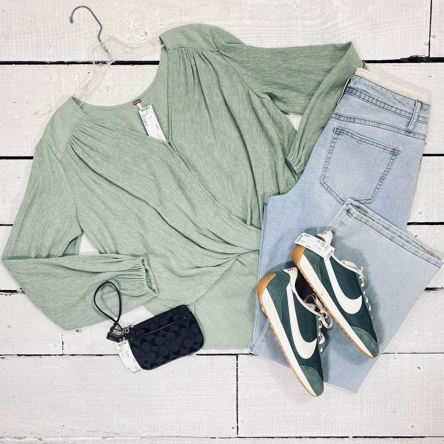 Free People Top Size S, $20.99
Jeans Size 4, $12.99
Coach Wristlet, $19.99
Nike Tennis Size 10, $30.99
