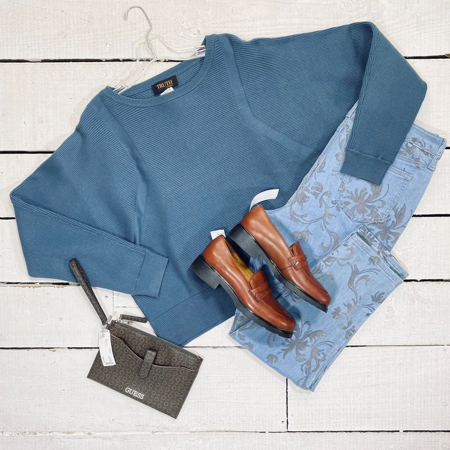 Truth Top Size XL, $18.99
Chicos Jeans Size 10, $30.99
Guess Wristlet, $18.99
Bass Loafers Size 8, $35.99