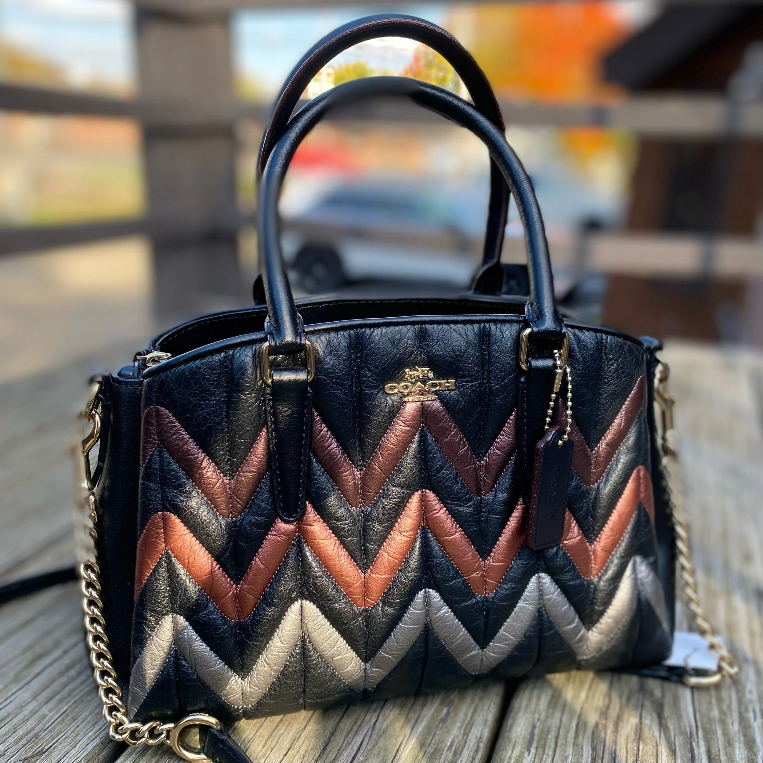 STUNNING quilted Coach bag!! 🤩 Perfect colors for Fall and its gorgeousness is shimmering in the sunlight! Only $84.99! ✨