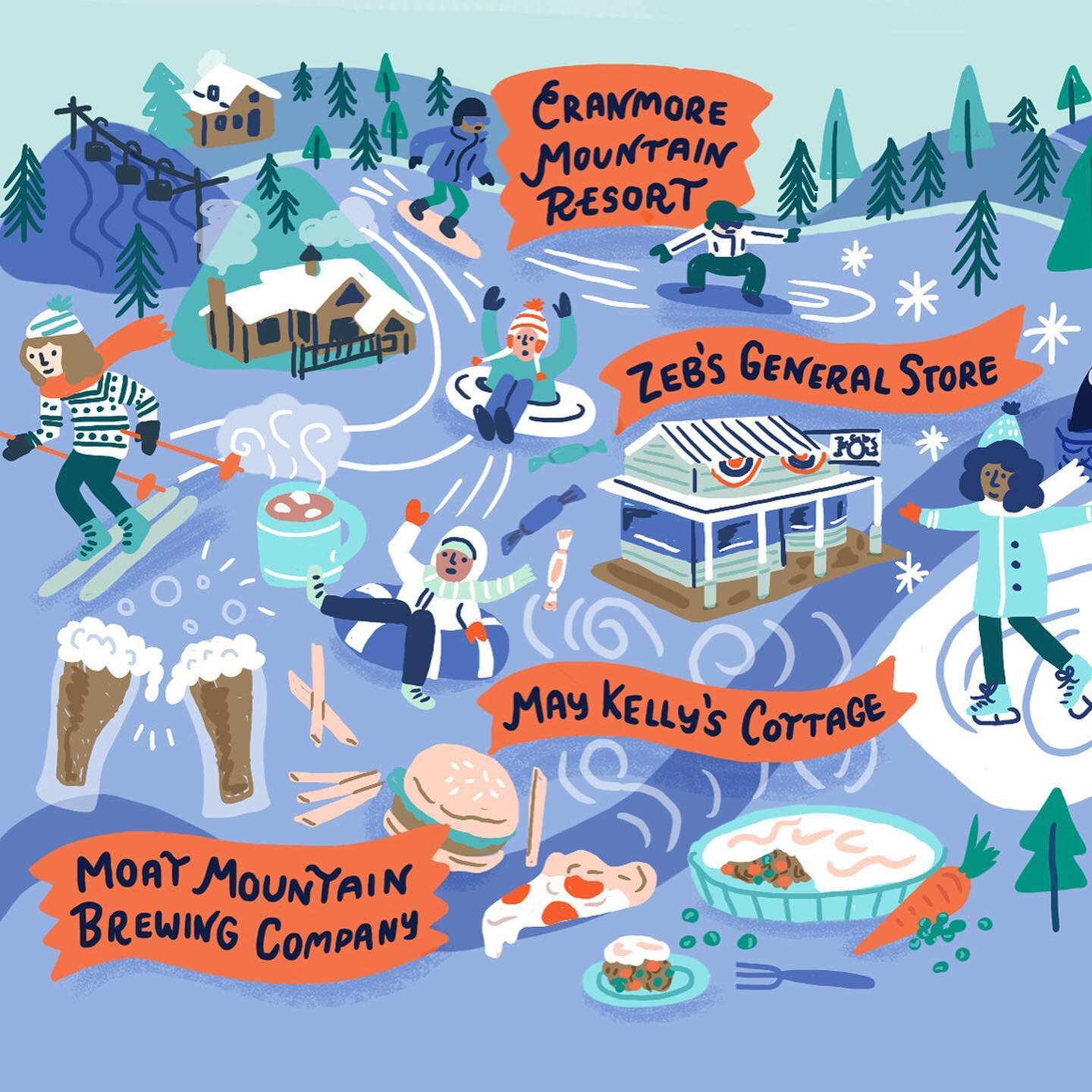 A fun wintertime map of North Conway in NH for Hannaford supermarkets mag. It was delightful drawing all the wintery activities! I&rsquo;m not a big fan of cold weather or snow, but I do like drawing other people enjoying those things. ❄️⛷🏂🏔