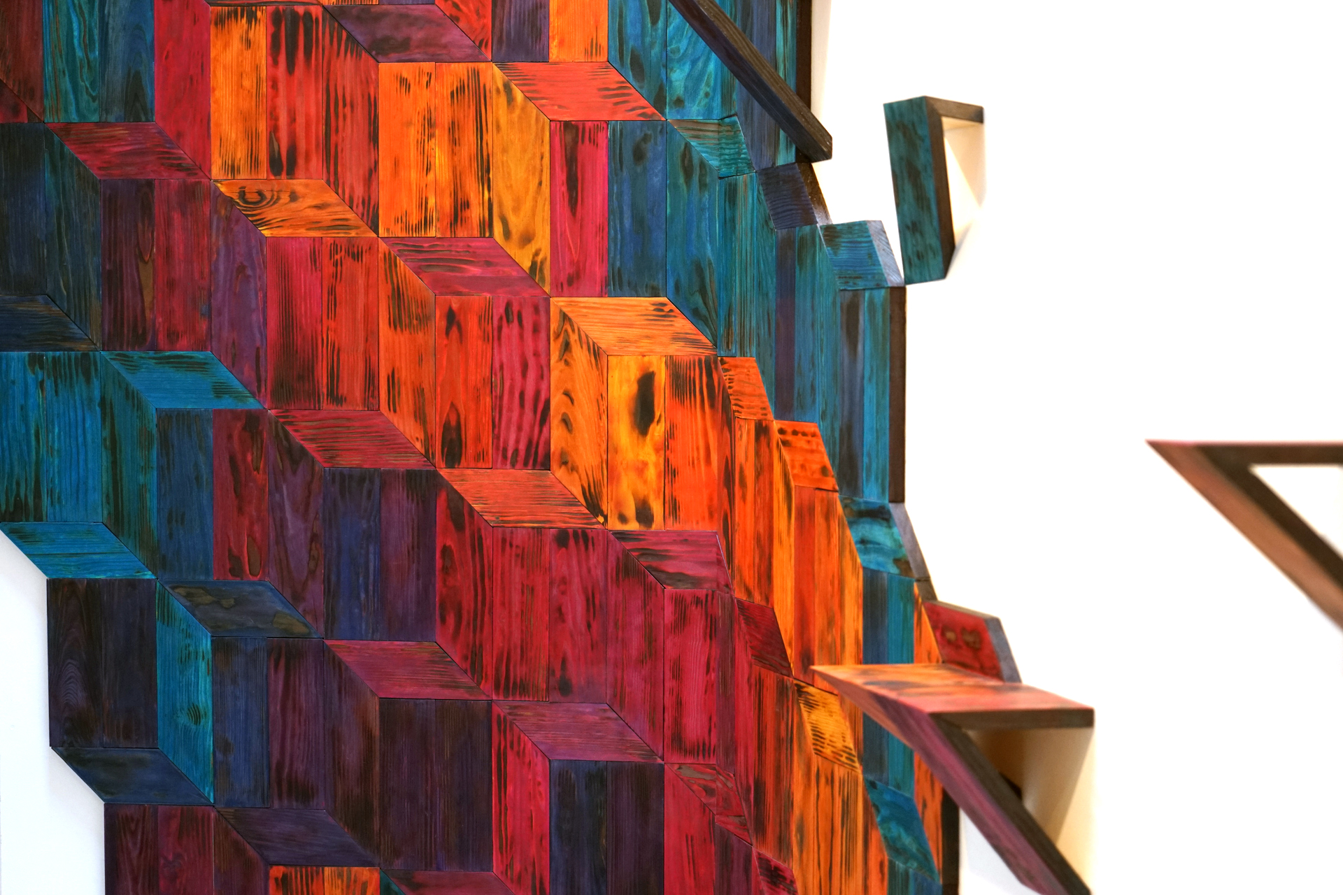 detail of installation of coloured wood tiles at RCA final show 2014
