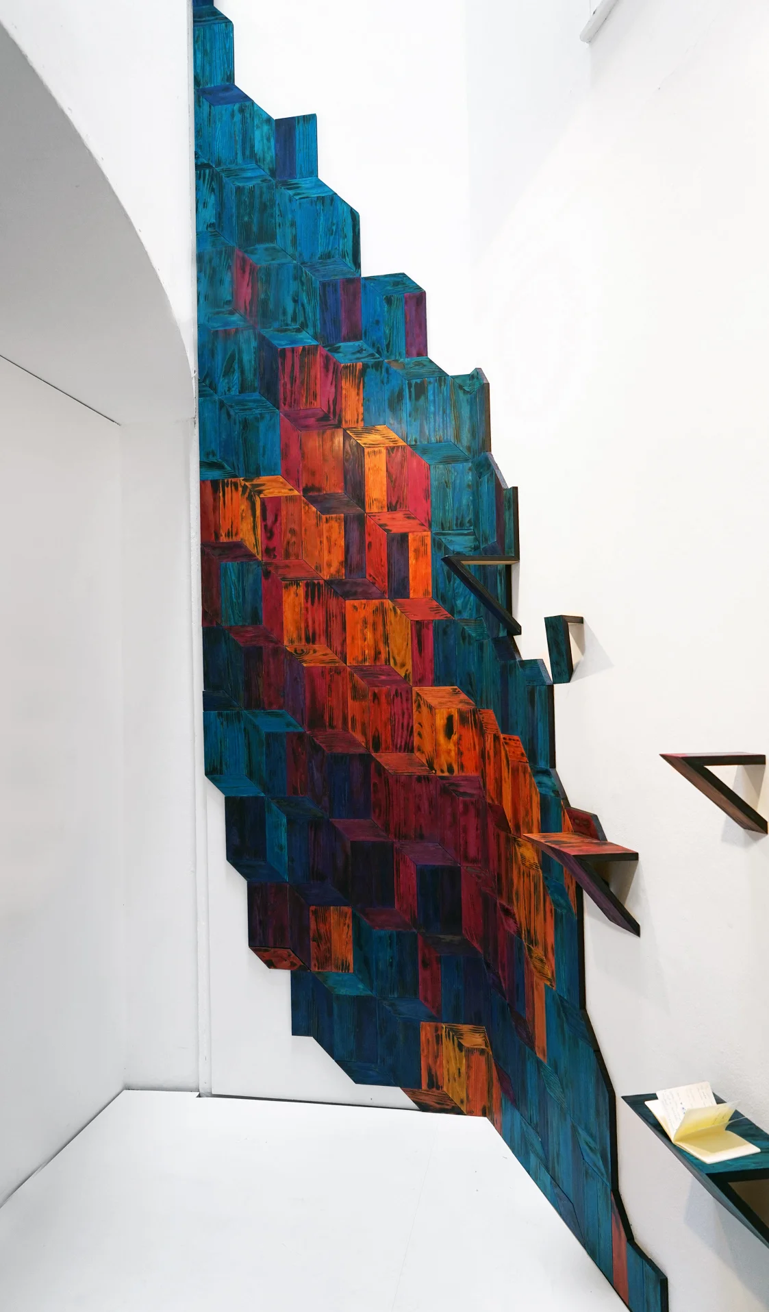 full length installation of wooden tiles and shelf at RCA final show 2014