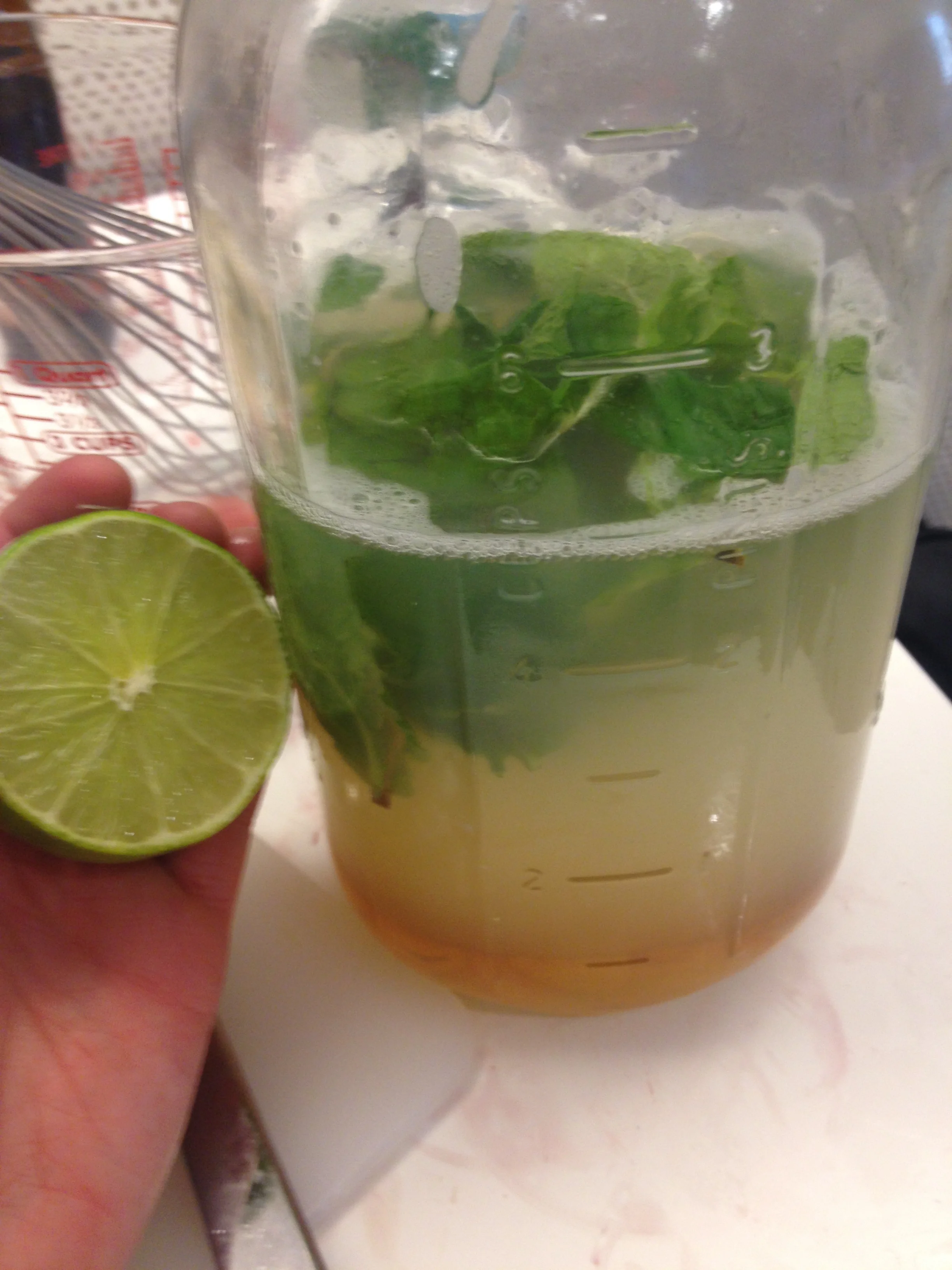Pre-batching the Number 81 (gin drink). Notice how all of the ingredients separate into layers based on density! Honey on the bottom, gin in the middle, fresh pressed lime juice at the top along with the fresh mint.