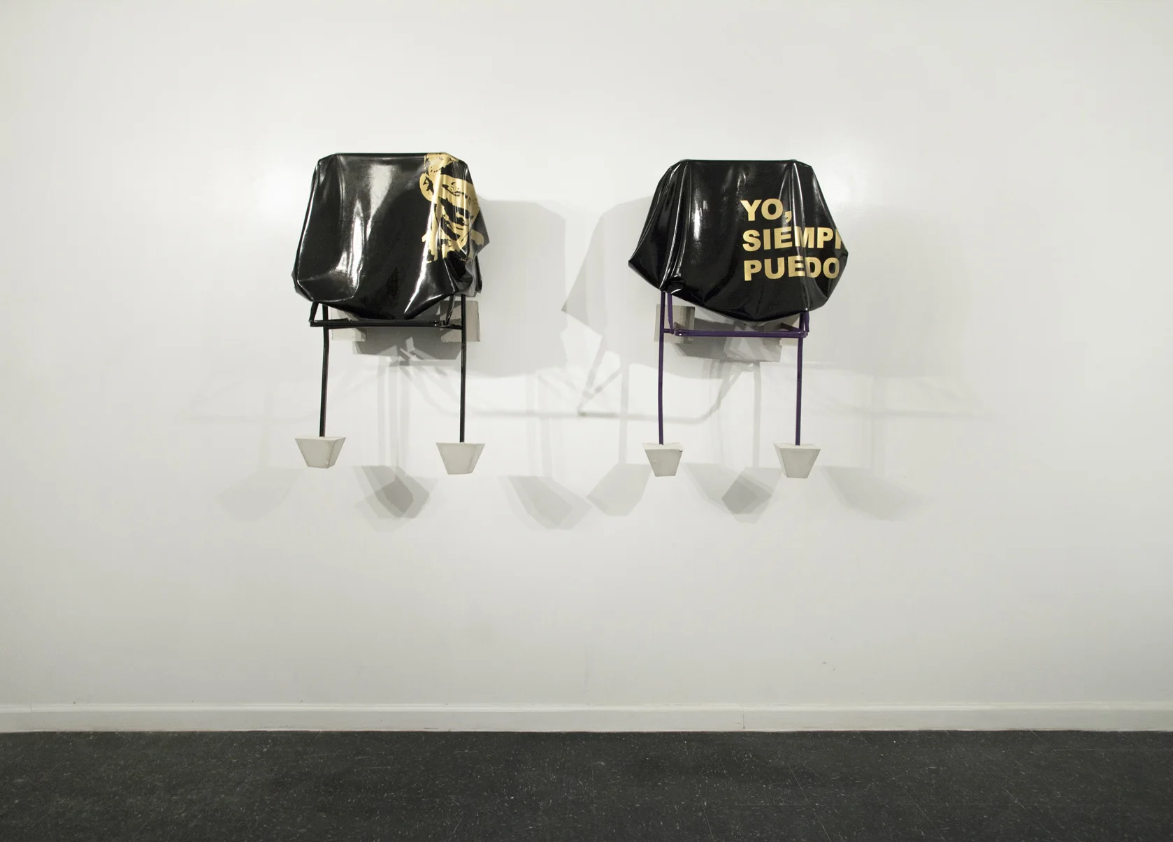 YO SIEMPRE PUEDO (diptych) Silkscreen on latex, metallic structure (Ikea JEFF Chair), paint and cement 47 x 39 x 39 in. 2014