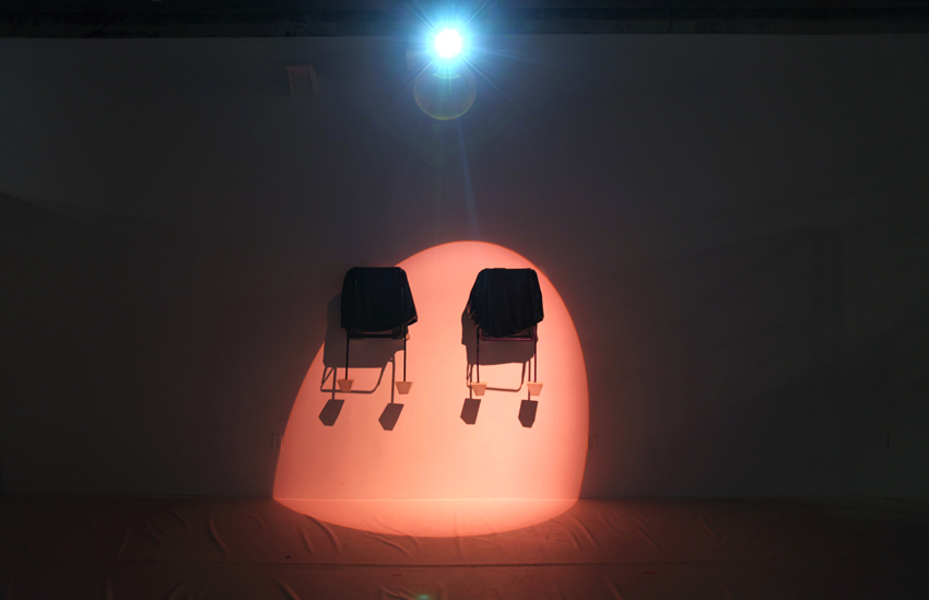 Nothing to be scared of. They are crazy about each other. Latex, metallic structures (Ikea JEFF chair), cement and paint. 47 x 39 x 39 inches. 2016
