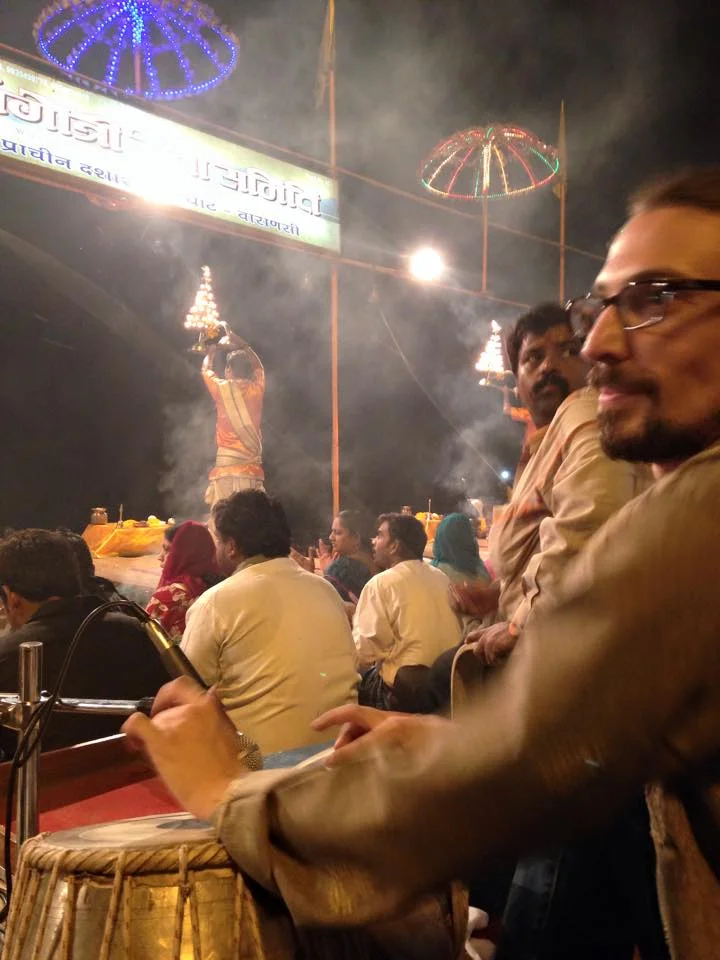 Sitting in at the evening Aarti on Dashashwamedh Ghat, Varanasi, March 2015. 
