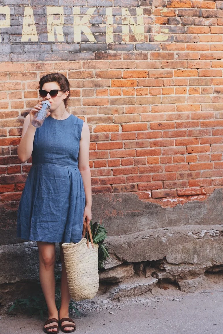 Water Infuser c/o Aladdin | Linen Dress - Gap | Woven Market Bag - Amazon | Sunglasses - Dry Goods USA | Sandals - Amazon