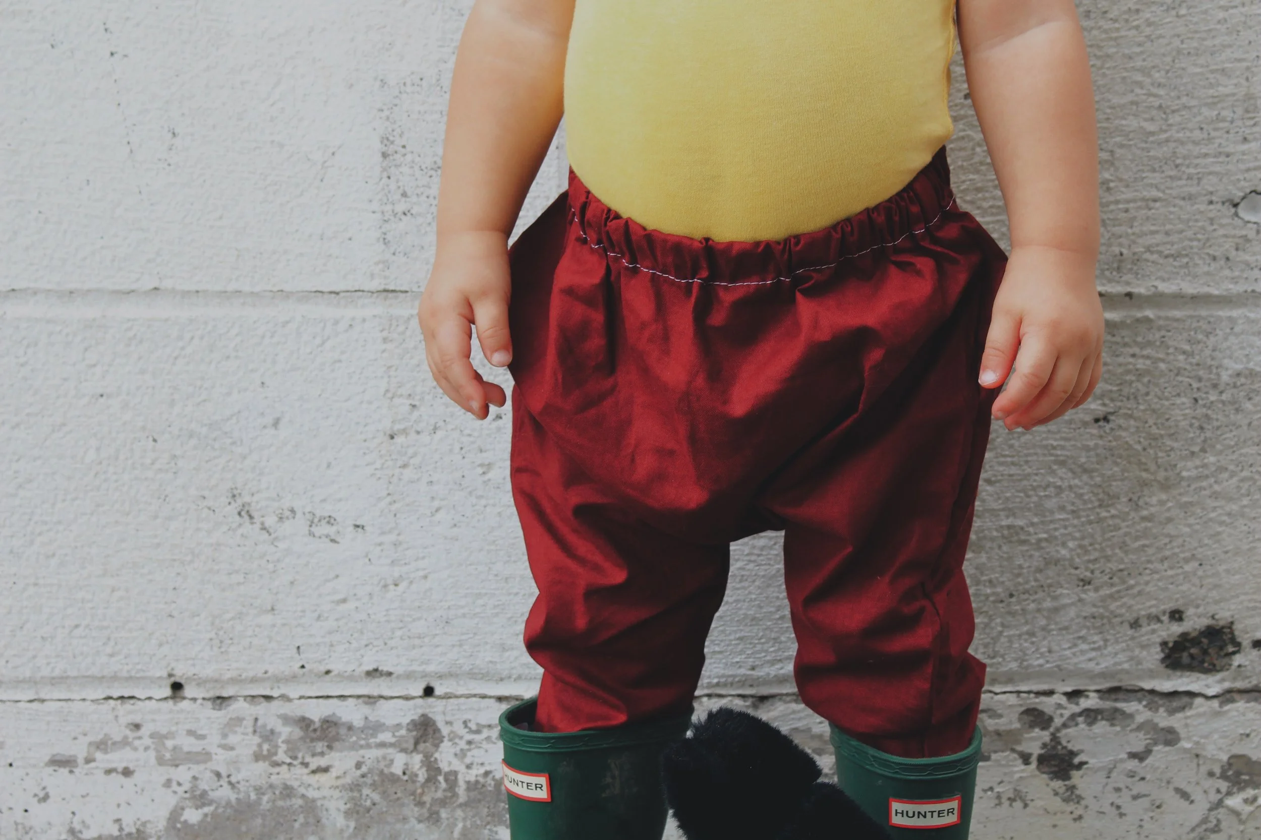 Cotton Harem Pants c/o Little A Handmade // Wellies - Hunter Boots // Natural Dyed Onesie - Us