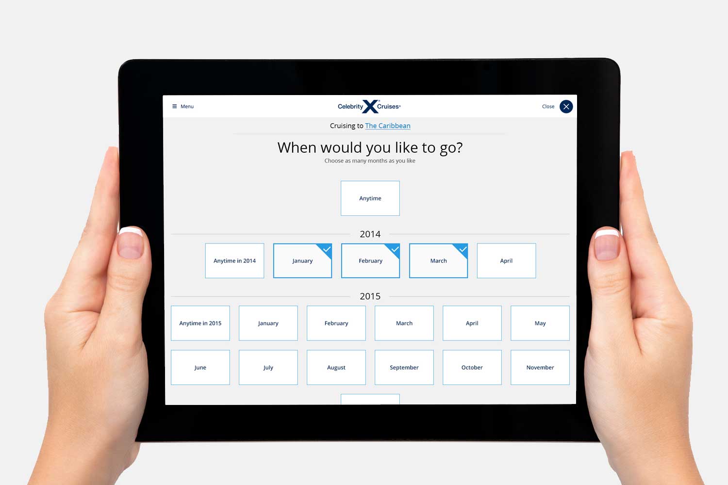 The cruise finder functionality on tablet landscape.