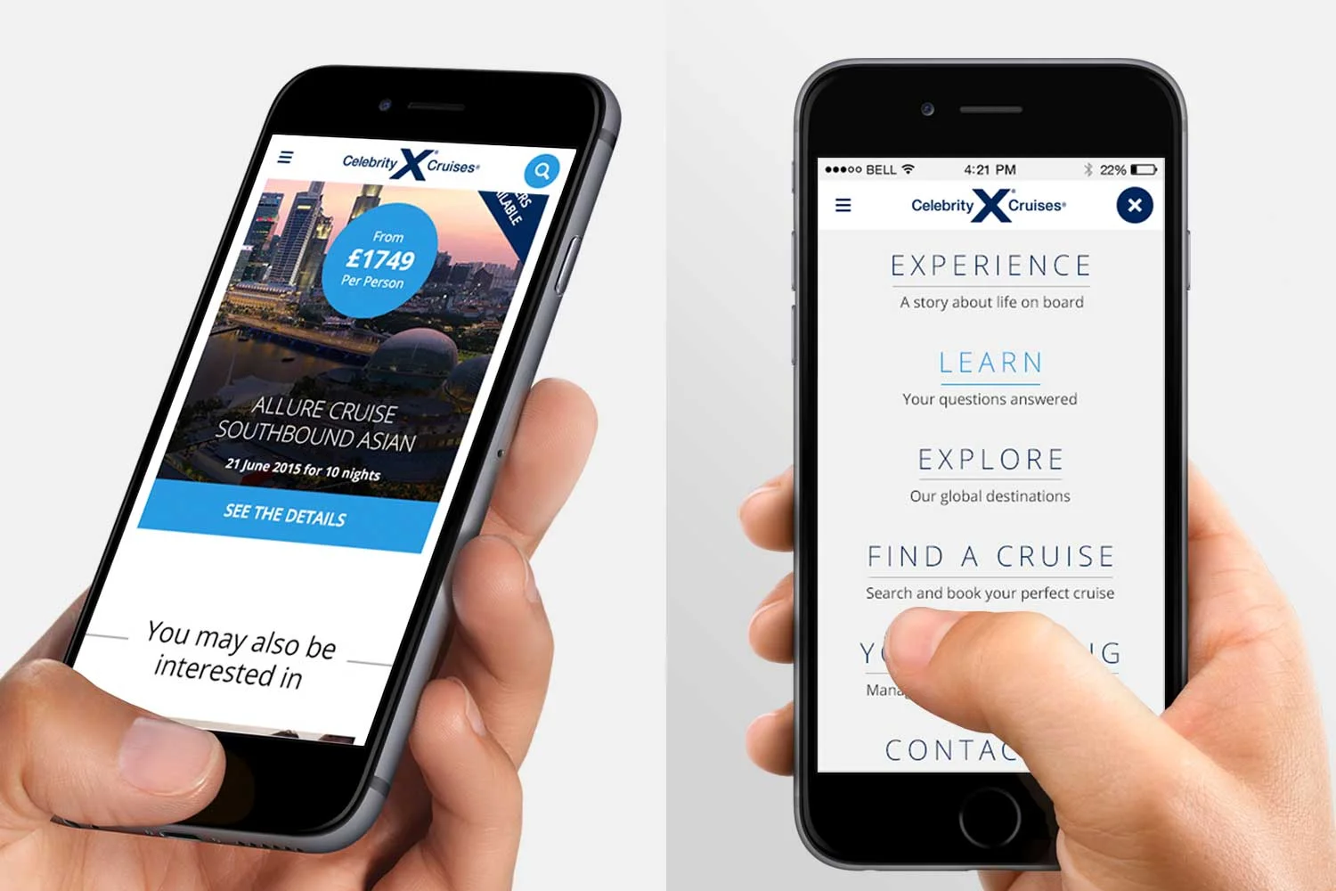 Designed mobile first with use of content cards / Navigation uses whole screen at all breakpoints