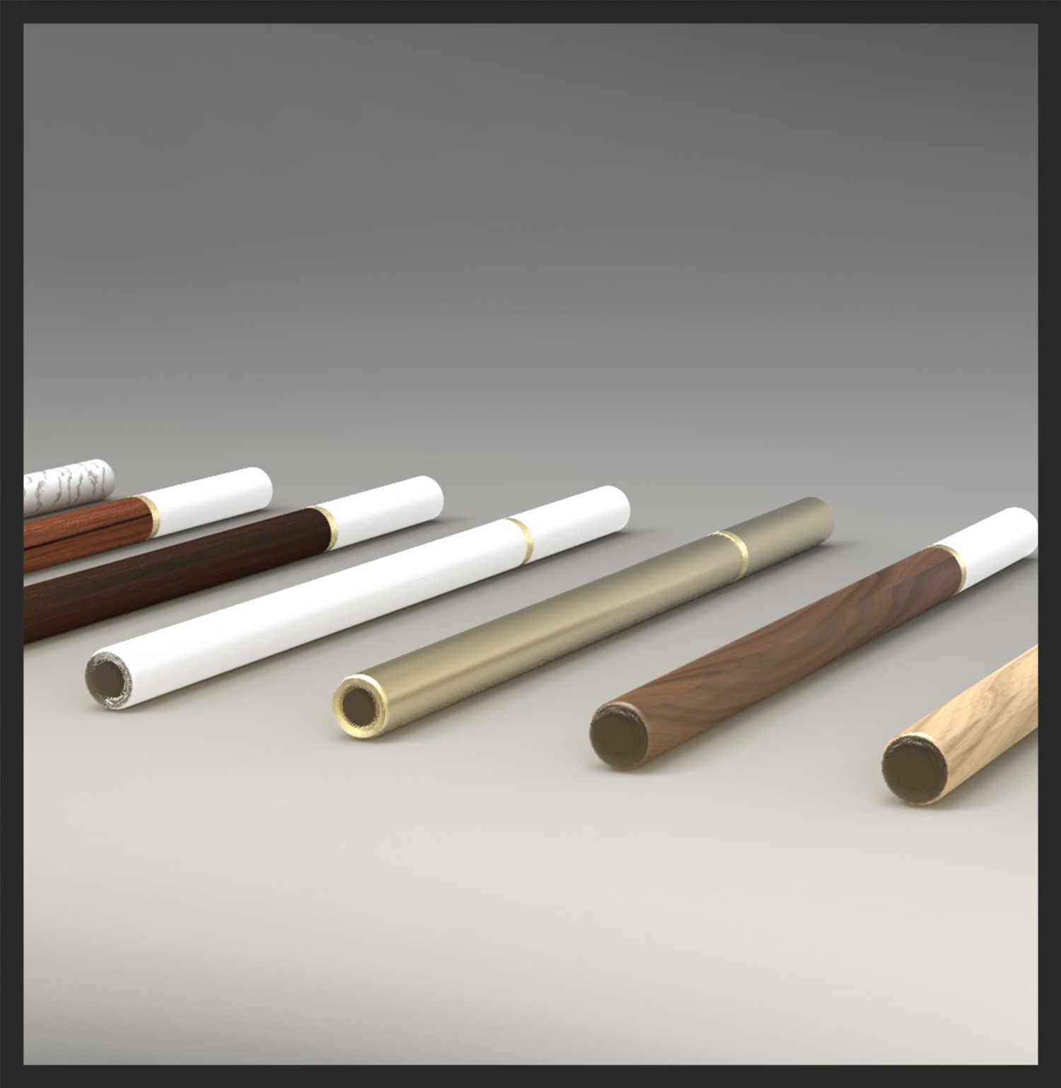 Porcelain and indigo, hand-carved ivory and hardwoods - traditional smoking paraphernalia materials utilized for e-cigarettes to try and rekindle the emotional connection between smoker and utensil.
