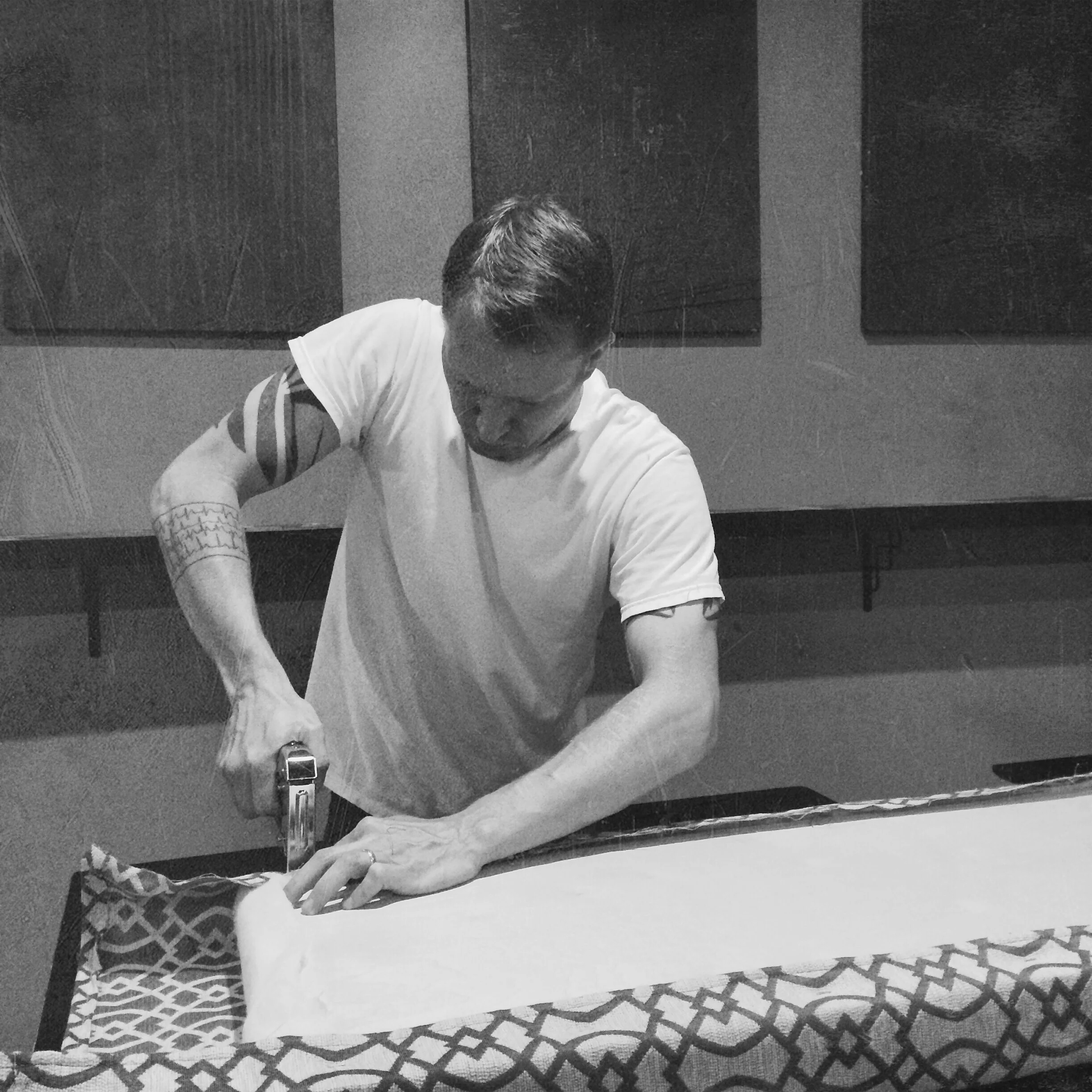 Phillip upholstering the seat cushions. Just about the only choice he didn't make was the fabric… he left that to the ladies. 