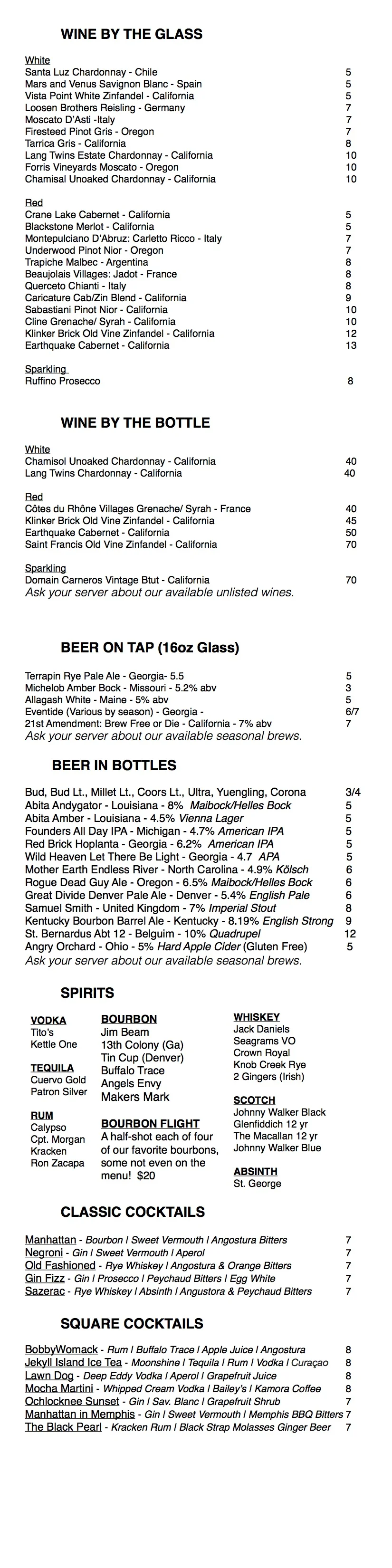 Wine Beer spirits and cocktail list at The Square restaurant moultrie.jpg