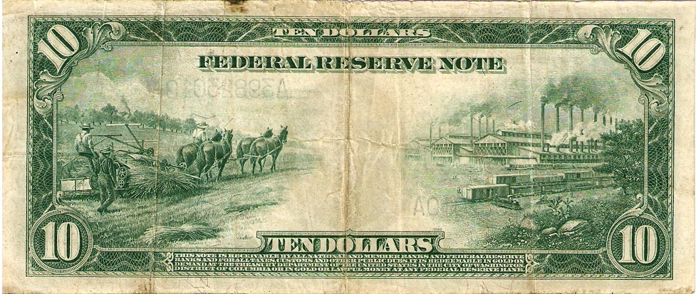 Hemp being harvested in 1914 on a U.S. $10 bill.