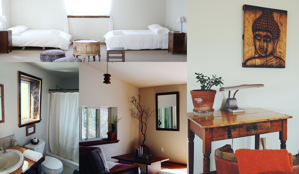 A collage of photos showing the Communal room, its full size beds, bathroom, and a small desk for writing or drawing.