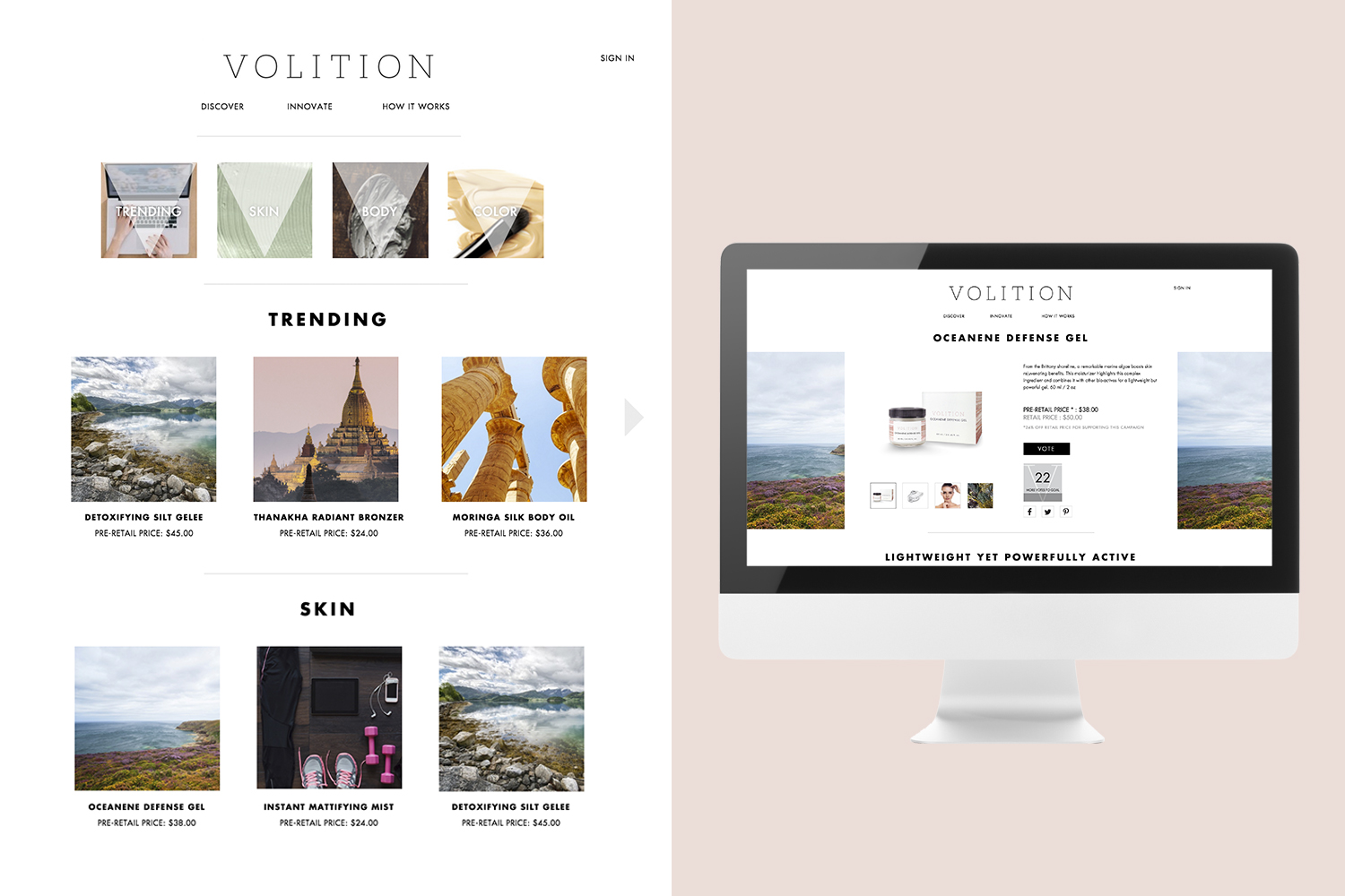 All design elements, e.g. colors, fonts, icons, and imagery help communicate the tone and visual identity behind the brand. (www.volitionbeauty.com)