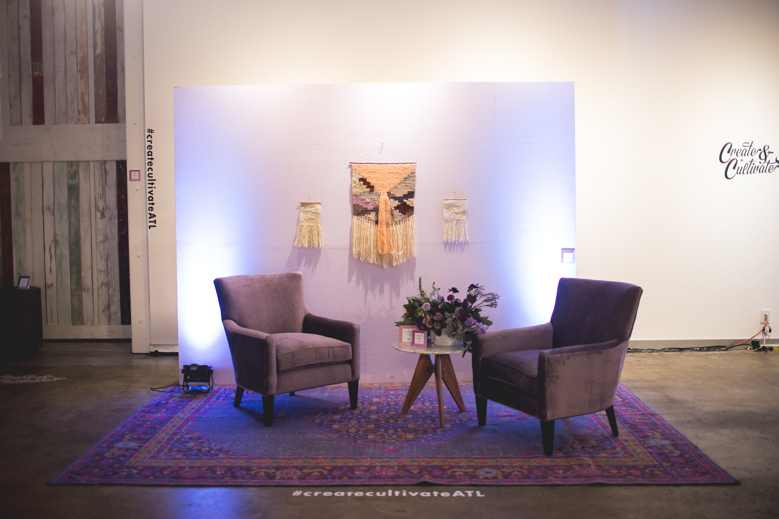 Furniture courtesy of High Fashion Home , macrame courtesy of Wabi Sabi Textile Co .