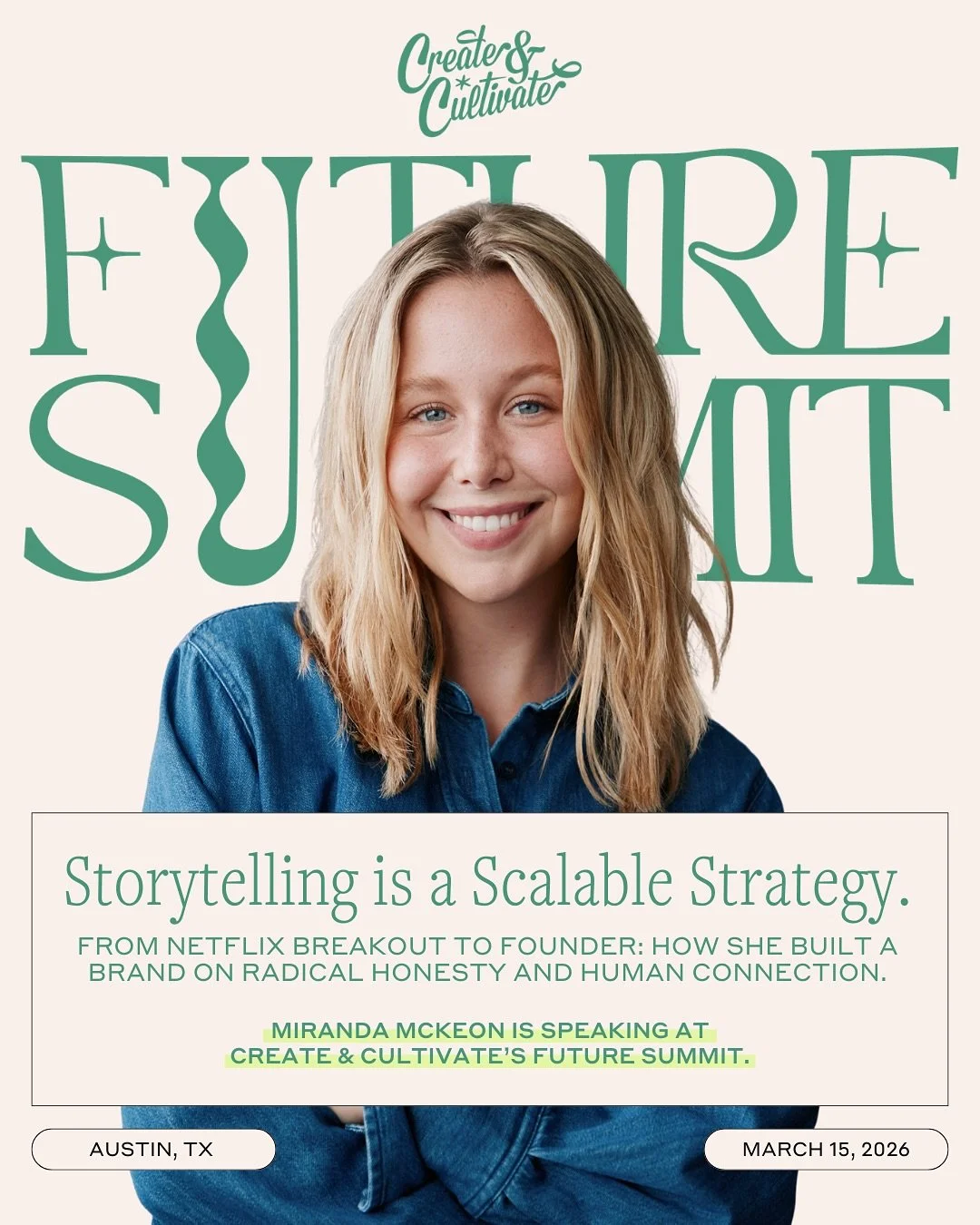 @miranda.mckeon is speaking at Create &amp; Cultivate&rsquo;s Future Summit in Austin on March 15.⁠
⁠
From Netflix breakout to founder and women&rsquo;s health advocate, Miranda has turned her story into impact. After a stage III breast cancer diagno