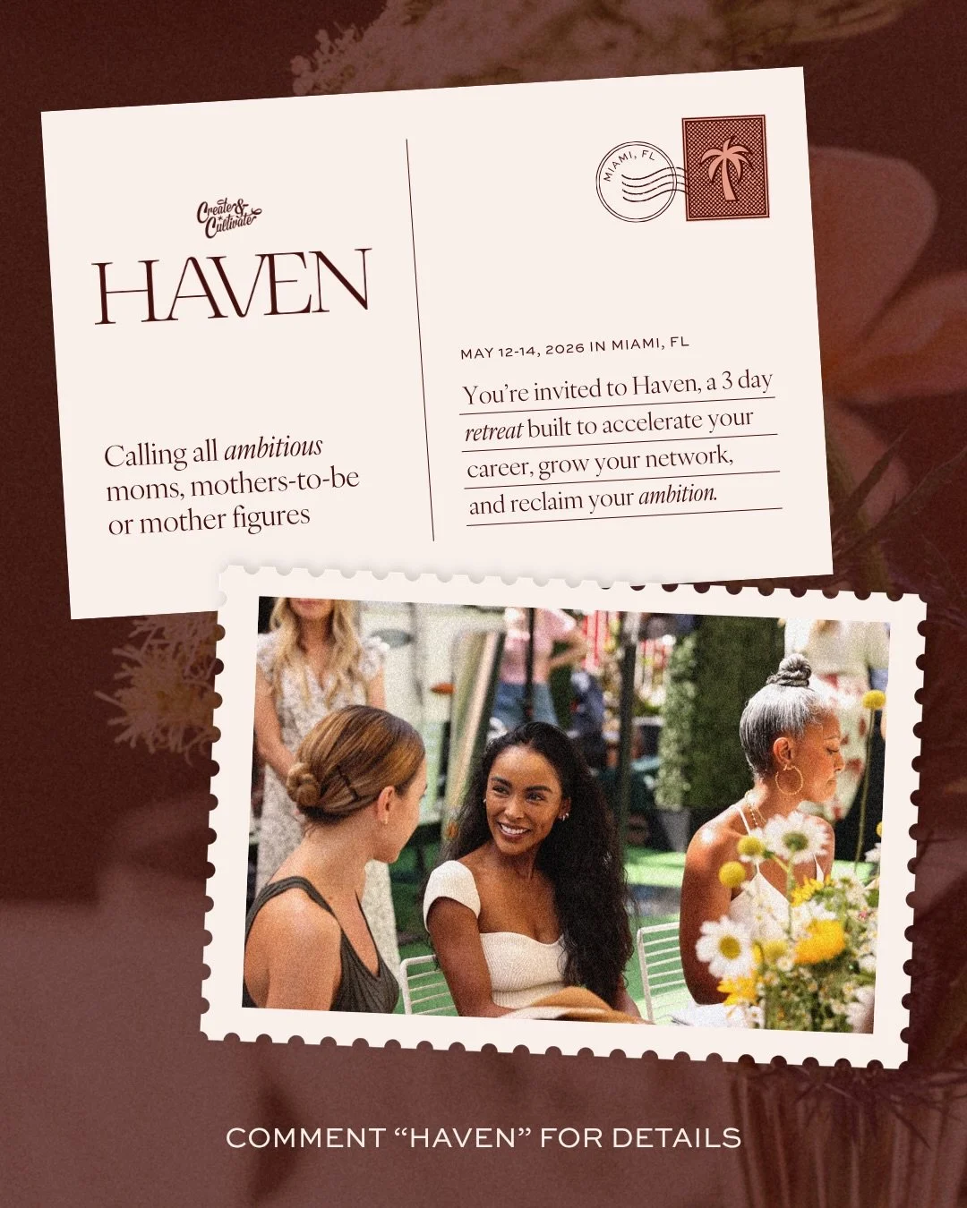 You spend all day taking care of everyone else. When&rsquo;s the last time someone took care of you? 

🌴 Haven is a 3-day all-inclusive retreat for ambitious moms, mothers-to-be, and mother figures &mdash; May 12&ndash;14 in Miami, FL. ⁠
⁠
We only h