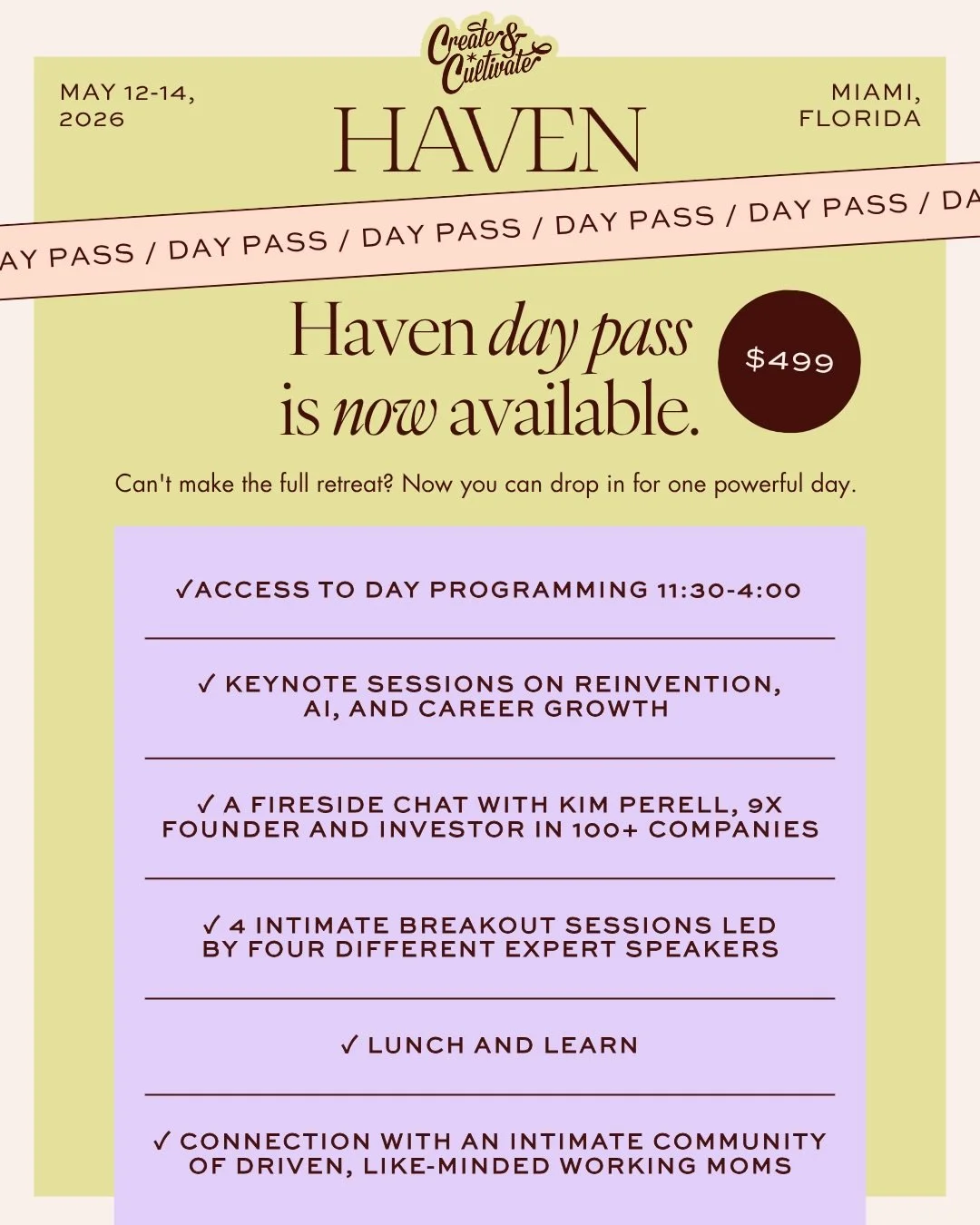 You asked. We listened. 🙌⁠
⁠
The Haven Day Pass is officially here &mdash; and it is packed.⁠
One afternoon in Miami with some of the most accomplished, driven, and real women in business. A 9x founder. A $105M exit. A retail empire builder. An AI e