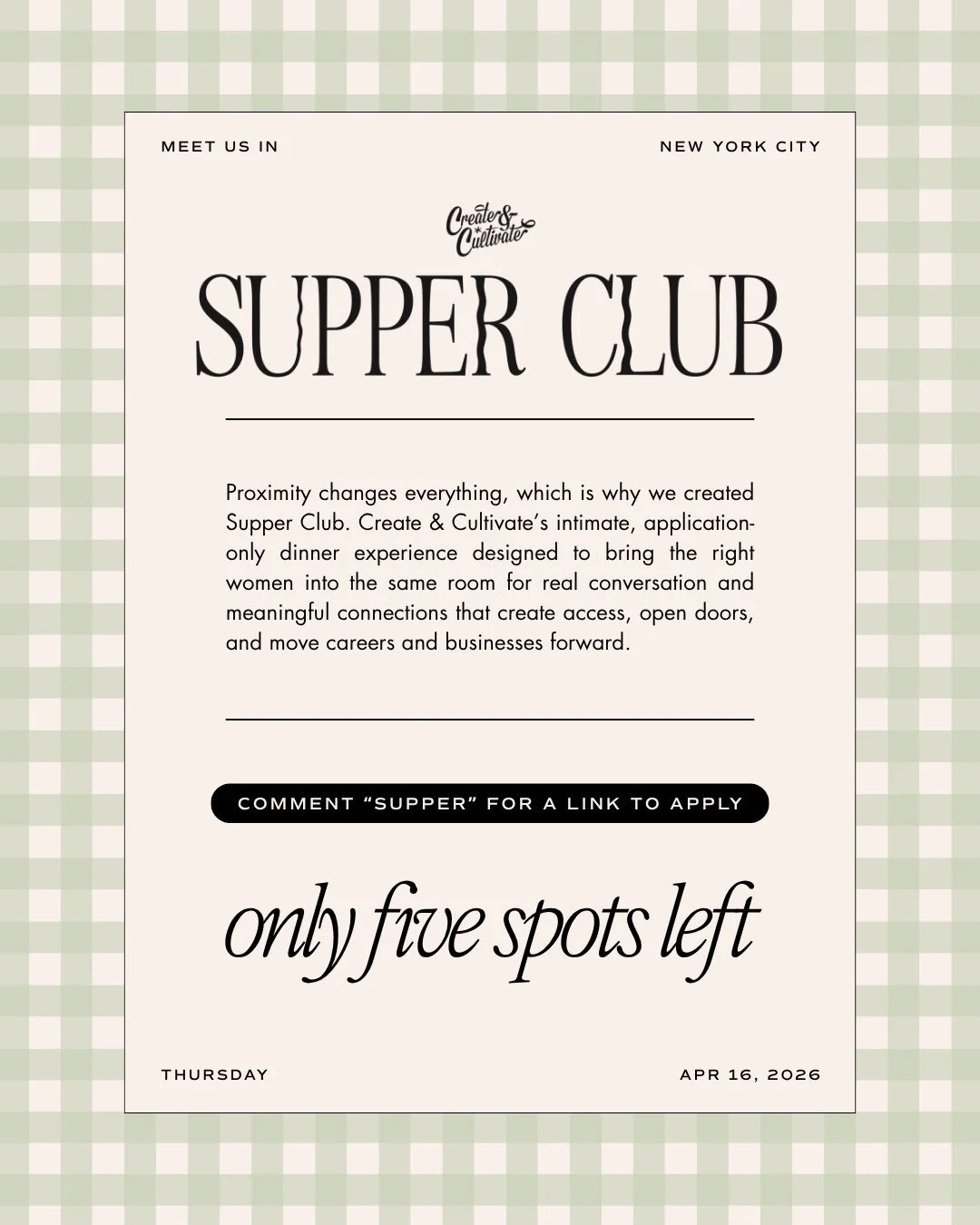 If you&rsquo;ve been waiting for a sign to bet on yourself &mdash; here it is. ✨ 5 seats remain at Supper Club NYC, and we want you in one of them. ⁠
⁠
Join us and @remibader on April 16 for an evening of real talk, meaningful connections, and the ki