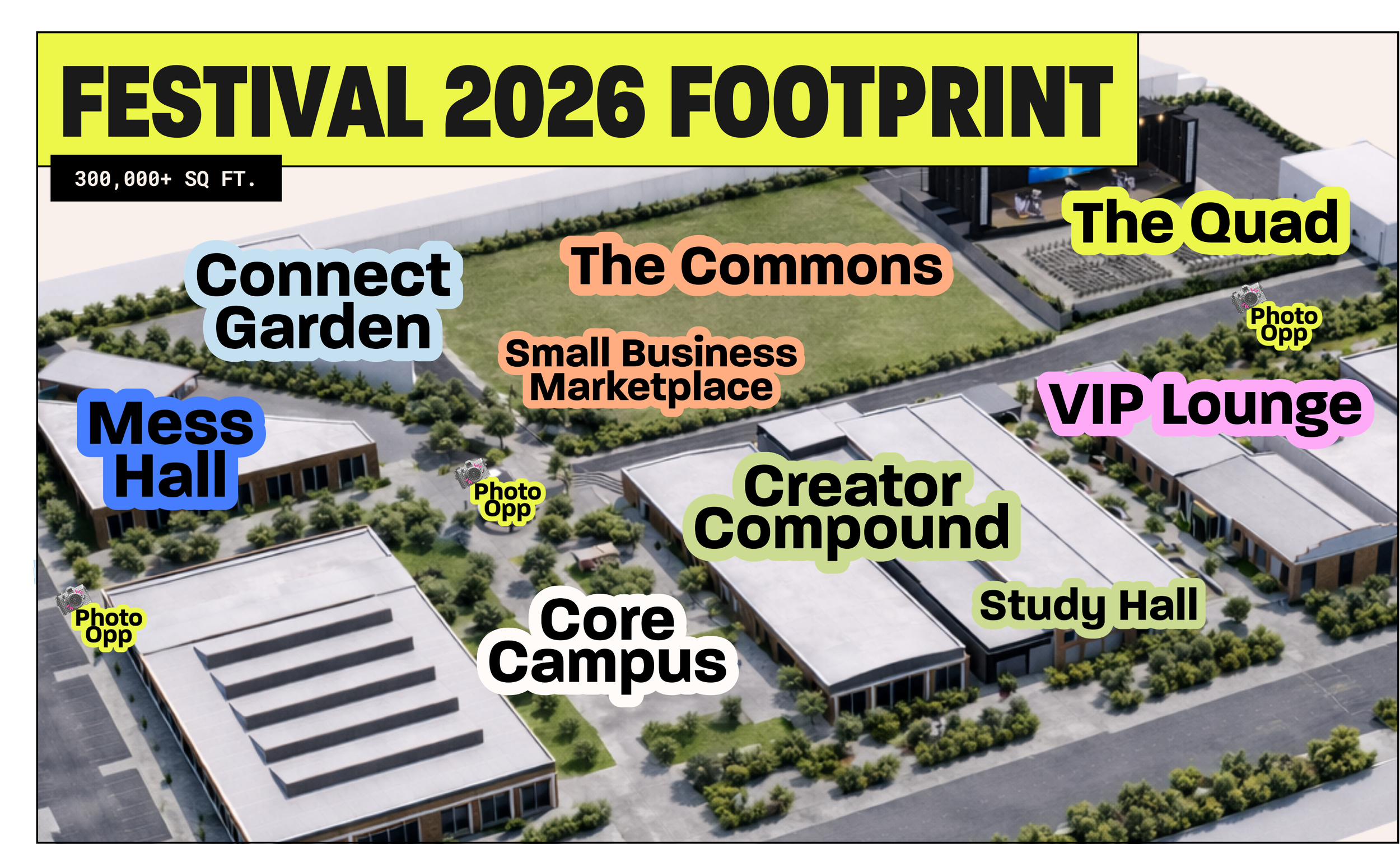 The Festival 2026 Foot Print - A map showing the 300,000+ square foot layout of Create & Cultivate Festival