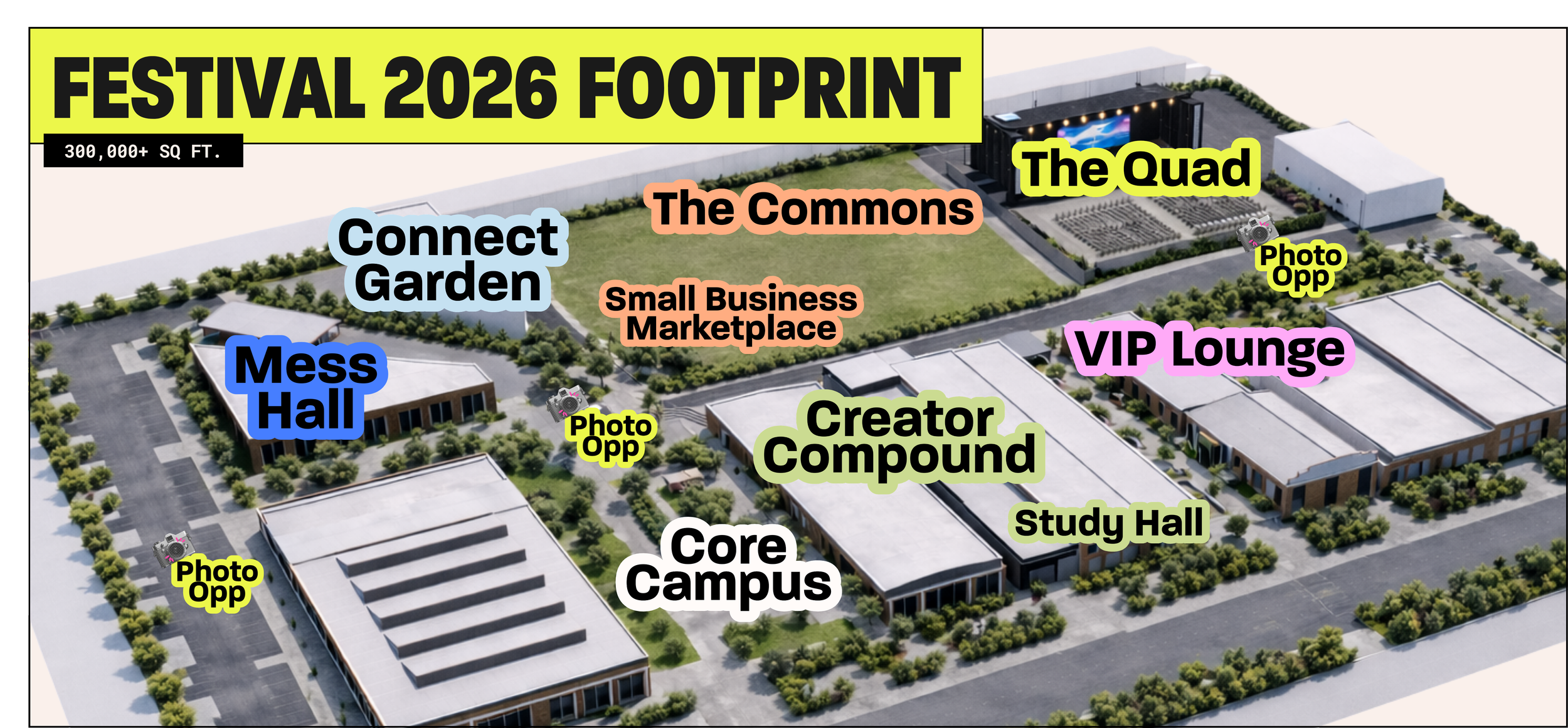 The Festival 2026 Foot Print - A map showing the 300,000+ square foot layout of Create & Cultivate Festival